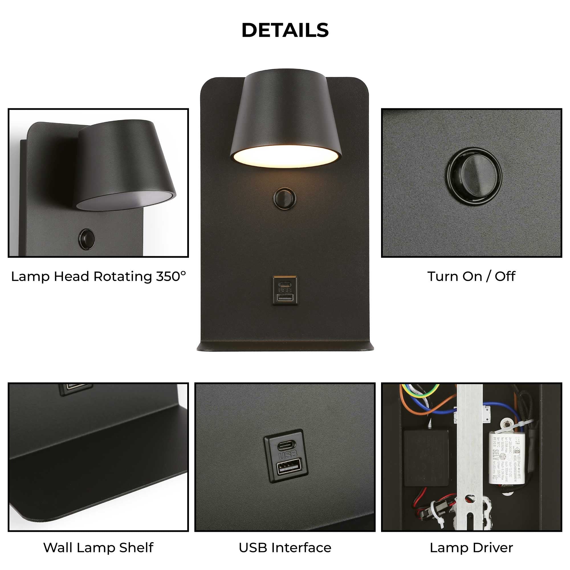 Aplique de pared para lectura "BASKOP" - Puerto USB + USB-C - 6W