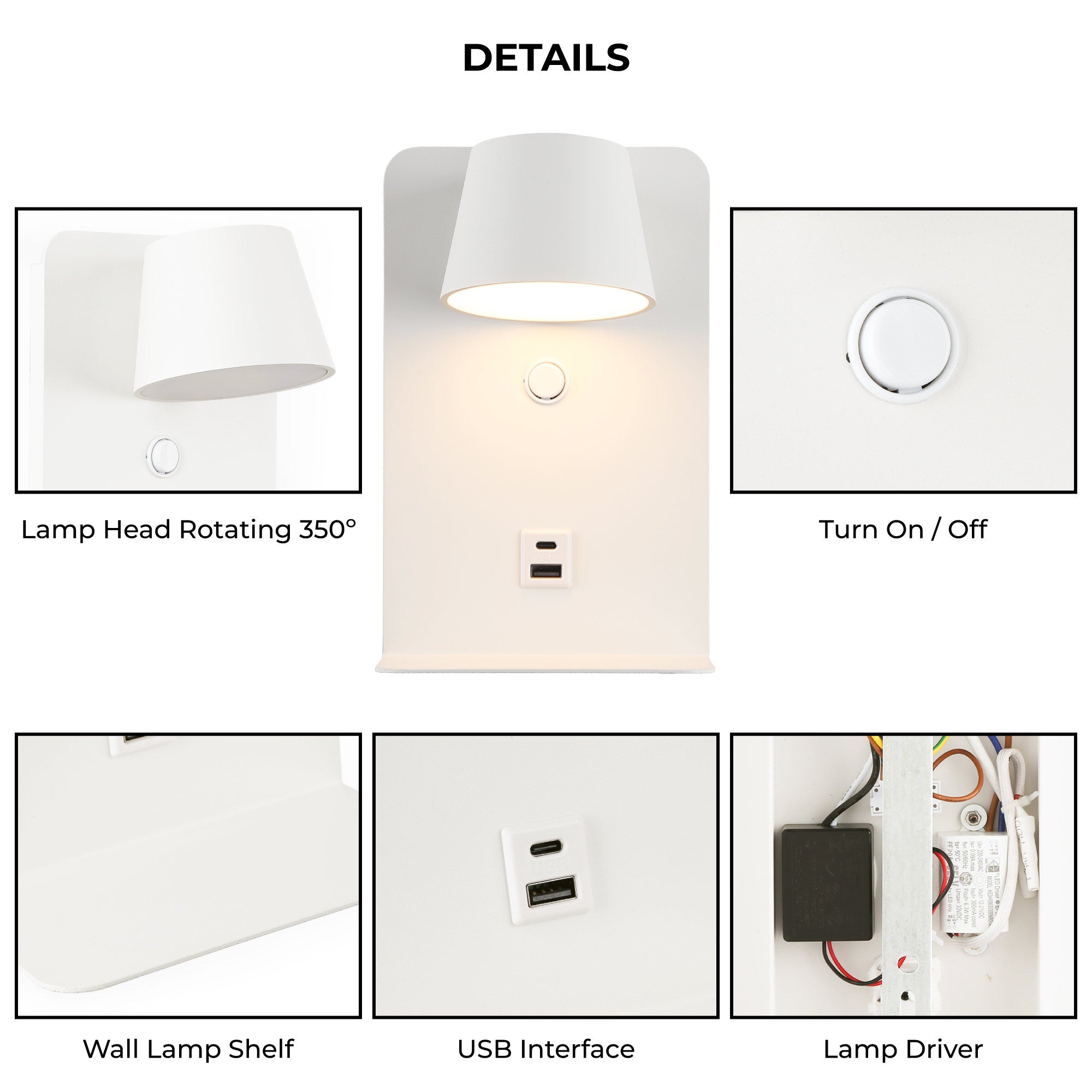 Aplique de pared para lectura "BASKOP" - Puerto USB + USB-C - 6W