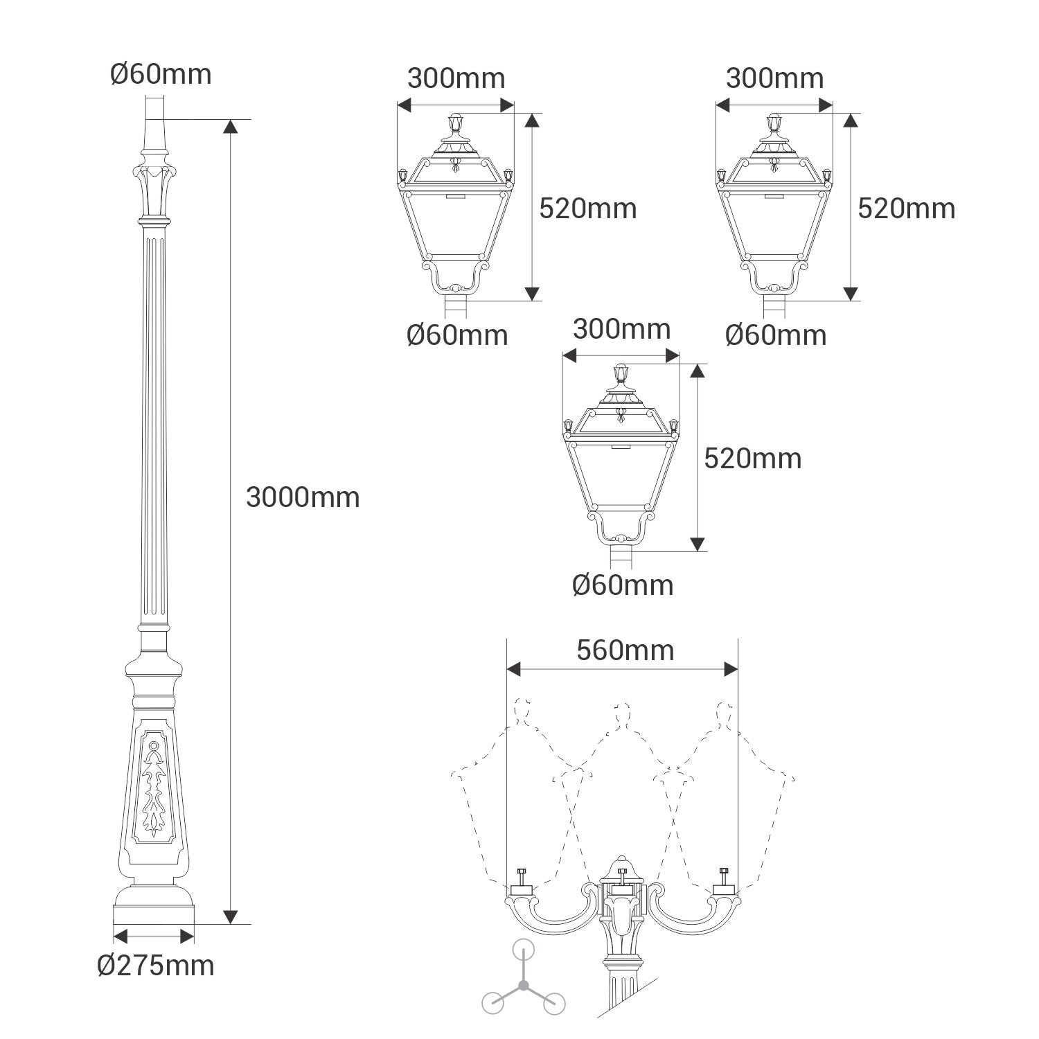 Poste de luz exterior Triple Farola "TOBIA" Fumagalli - CCT - 3 x 30W - 8 opciones - E27