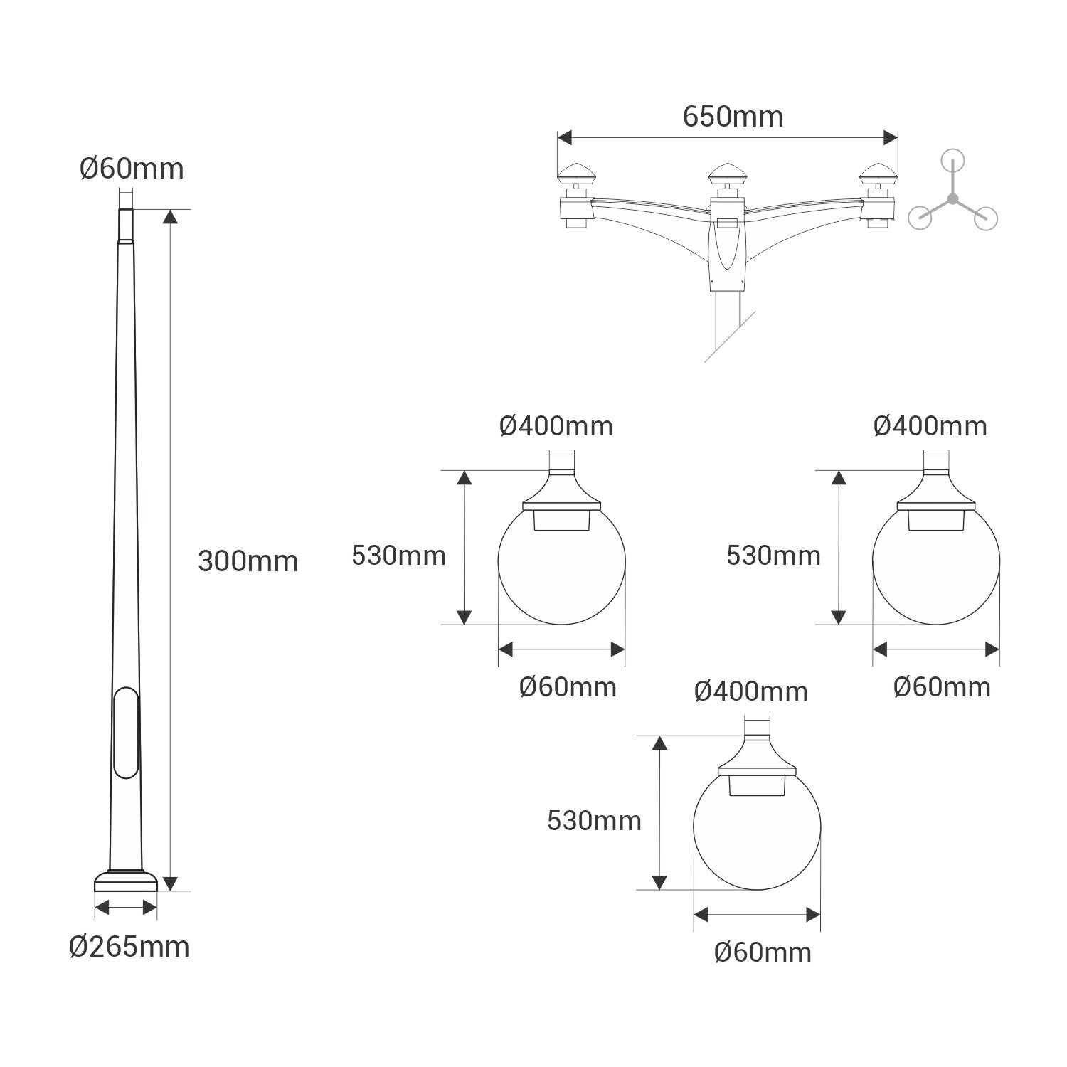 Poste Exterior de Tres Luces "GLOBE 400 MODERN" Fumagalli - 4 opciones - E27