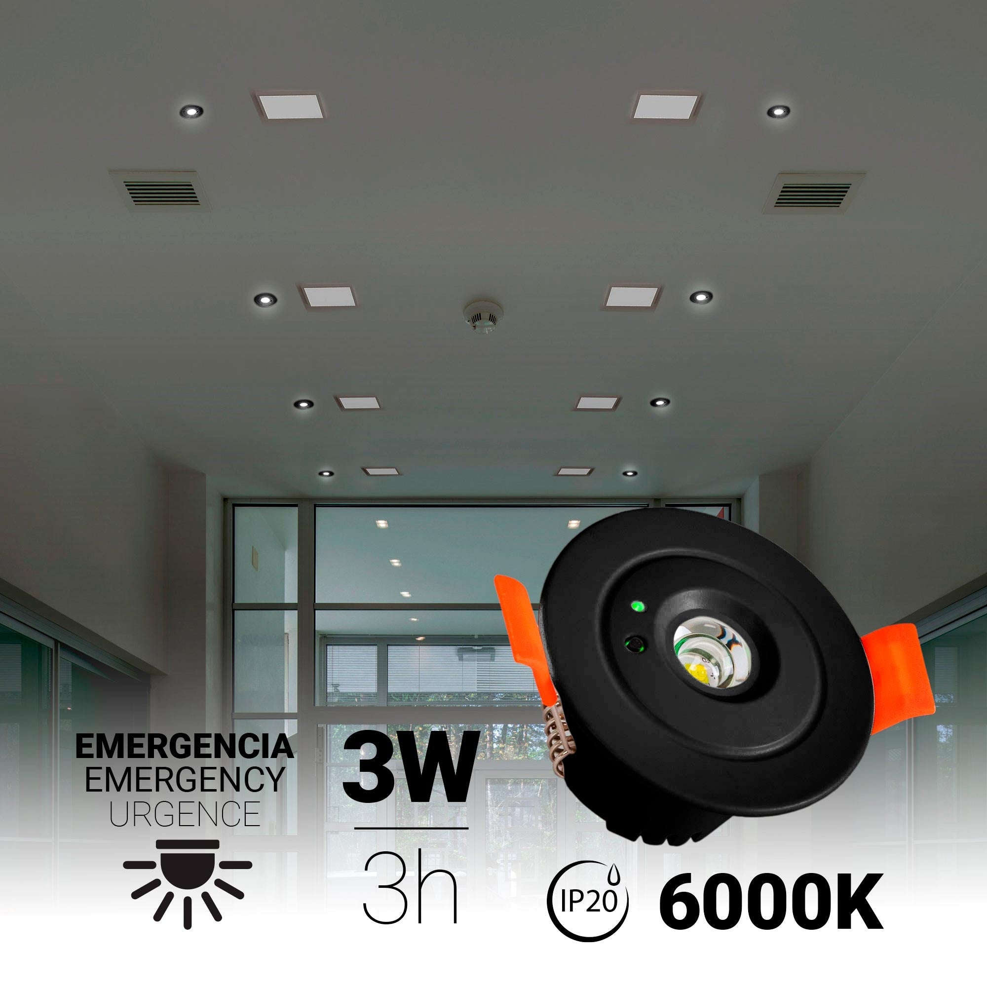 Luz de emergencia 3W tipo downlight - Autonomía 3hs - Ø60mm