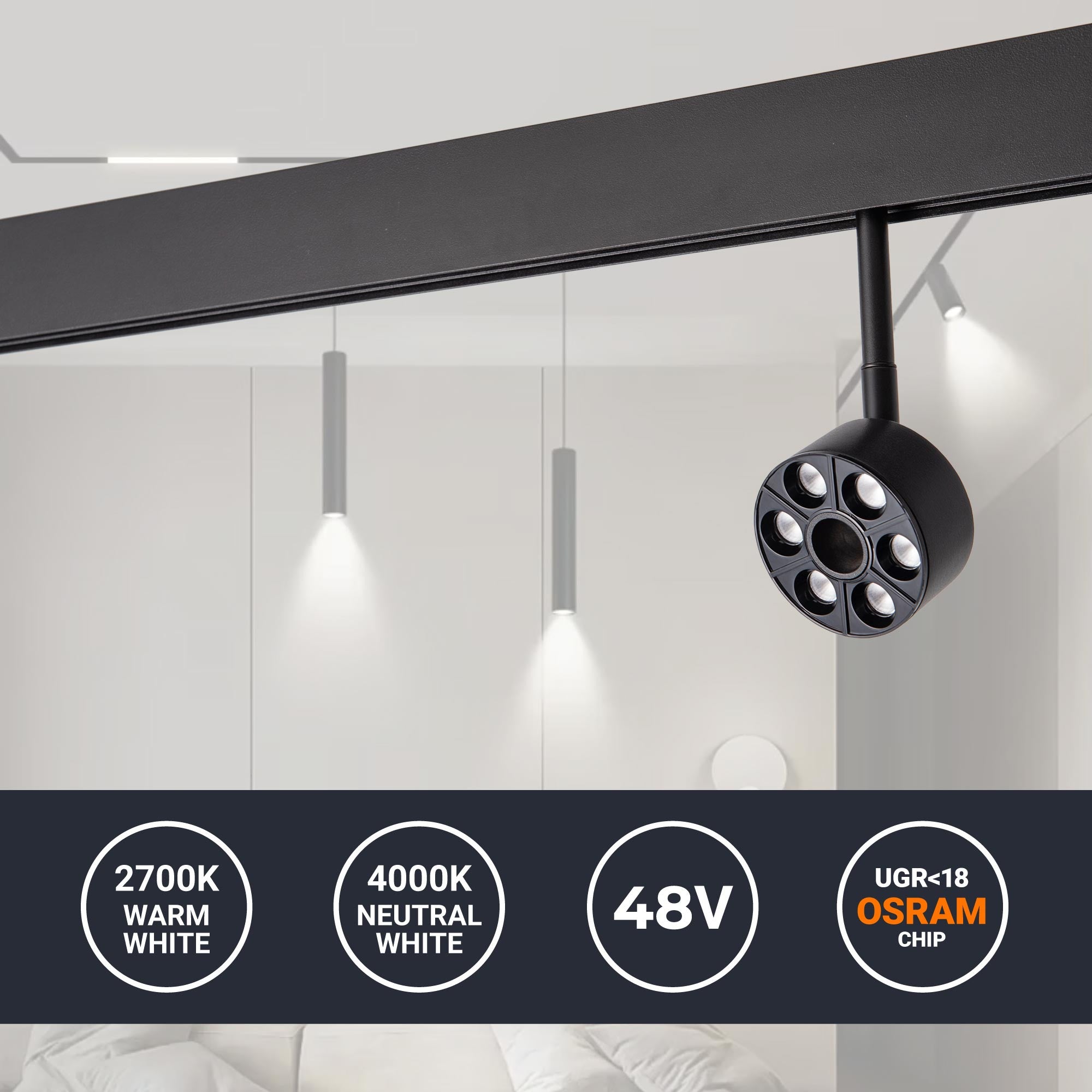 Luminaria circular LED para carril magnético 48V - Ø7cm - 6W - CRI90 - UGR18 - OSRAM