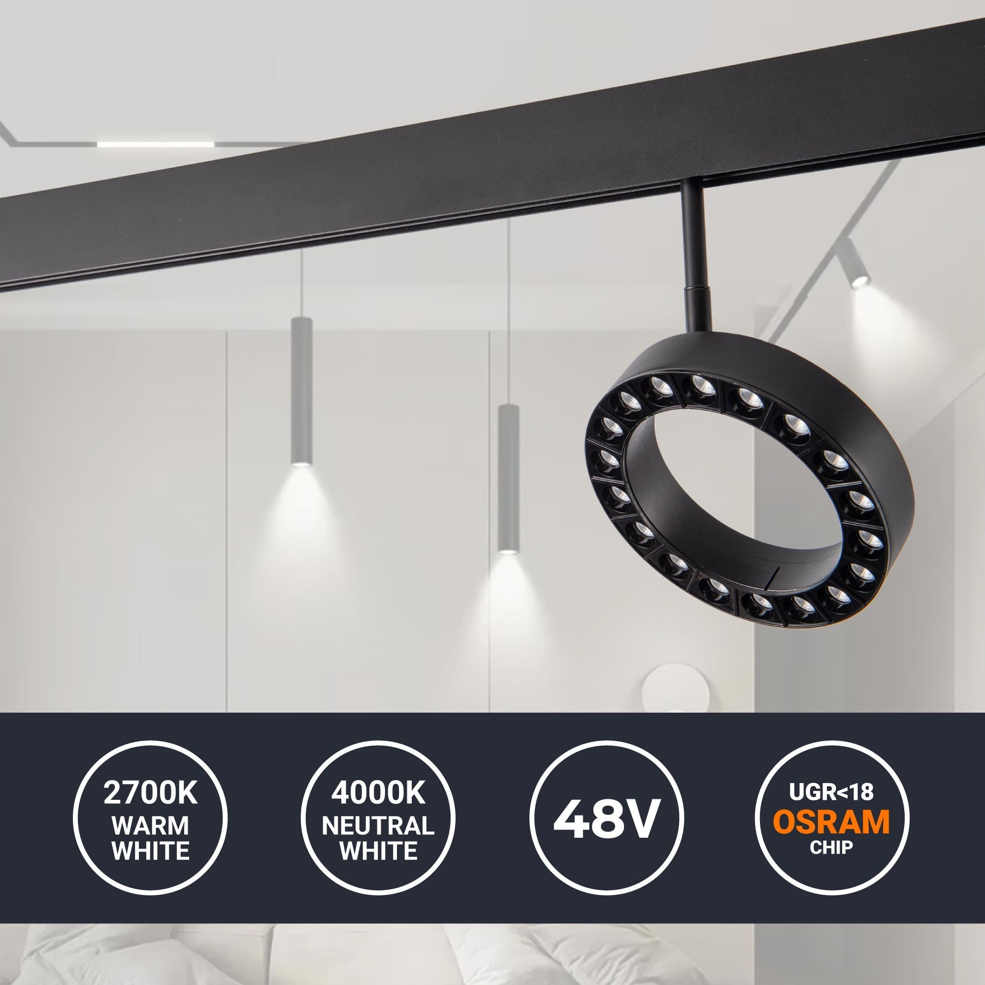 Luminaria circular LED para carril magnético 48V - Ø16cm - 18W - CRI90 - UGR18 - OSRAM