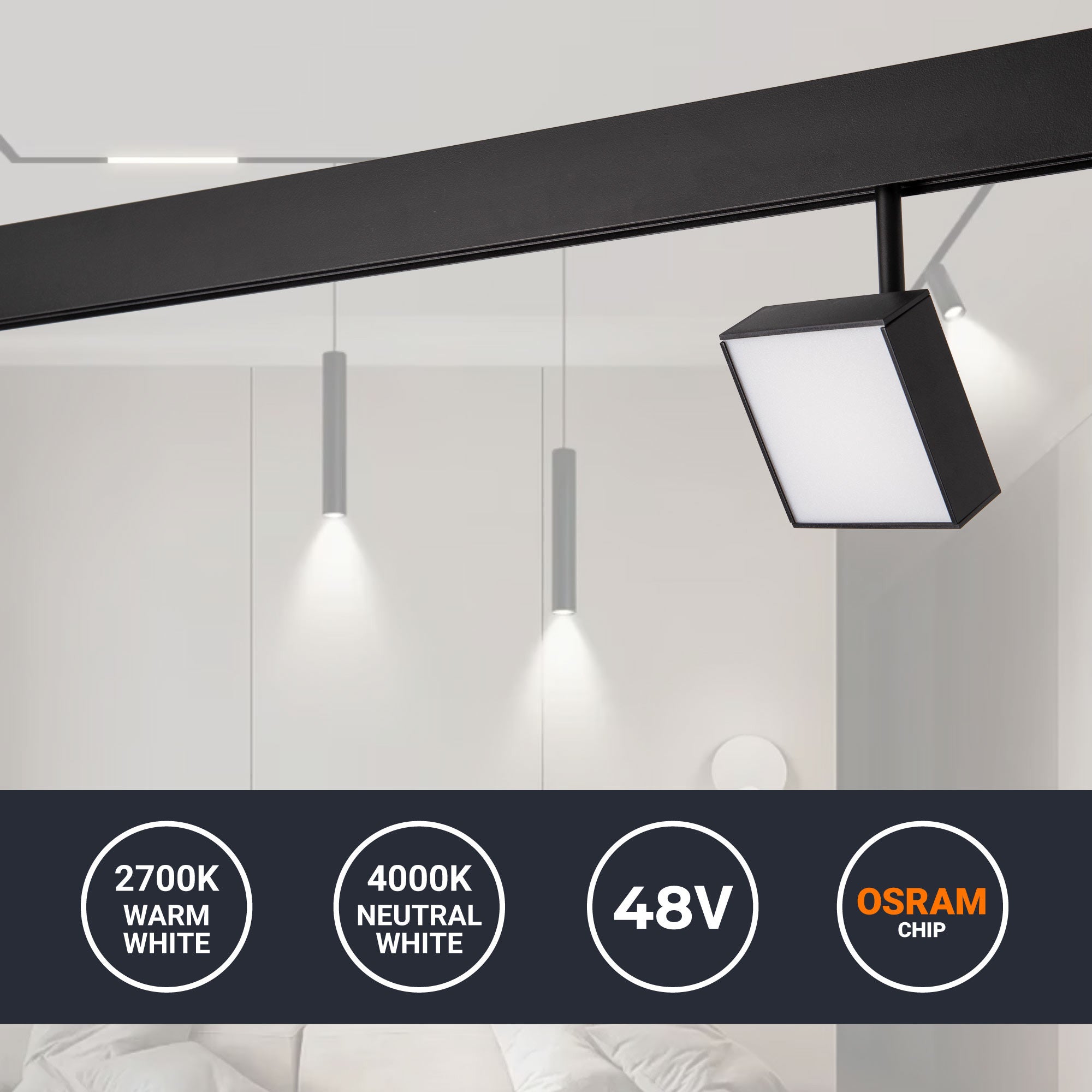 Luminaria cuadrada LED para carril magnético 48V - 9W - CRI90 - Chip OSRAM
