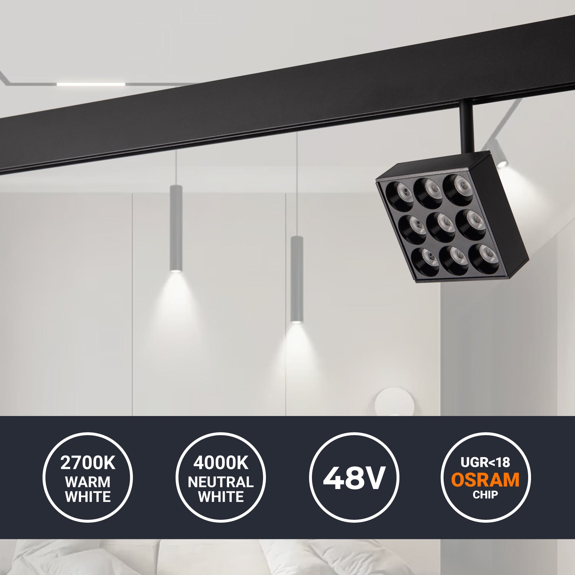 Luminaria cuadrada LED para carril magnético 48V - 9W - CRI90 - UGR18 - OSRAM