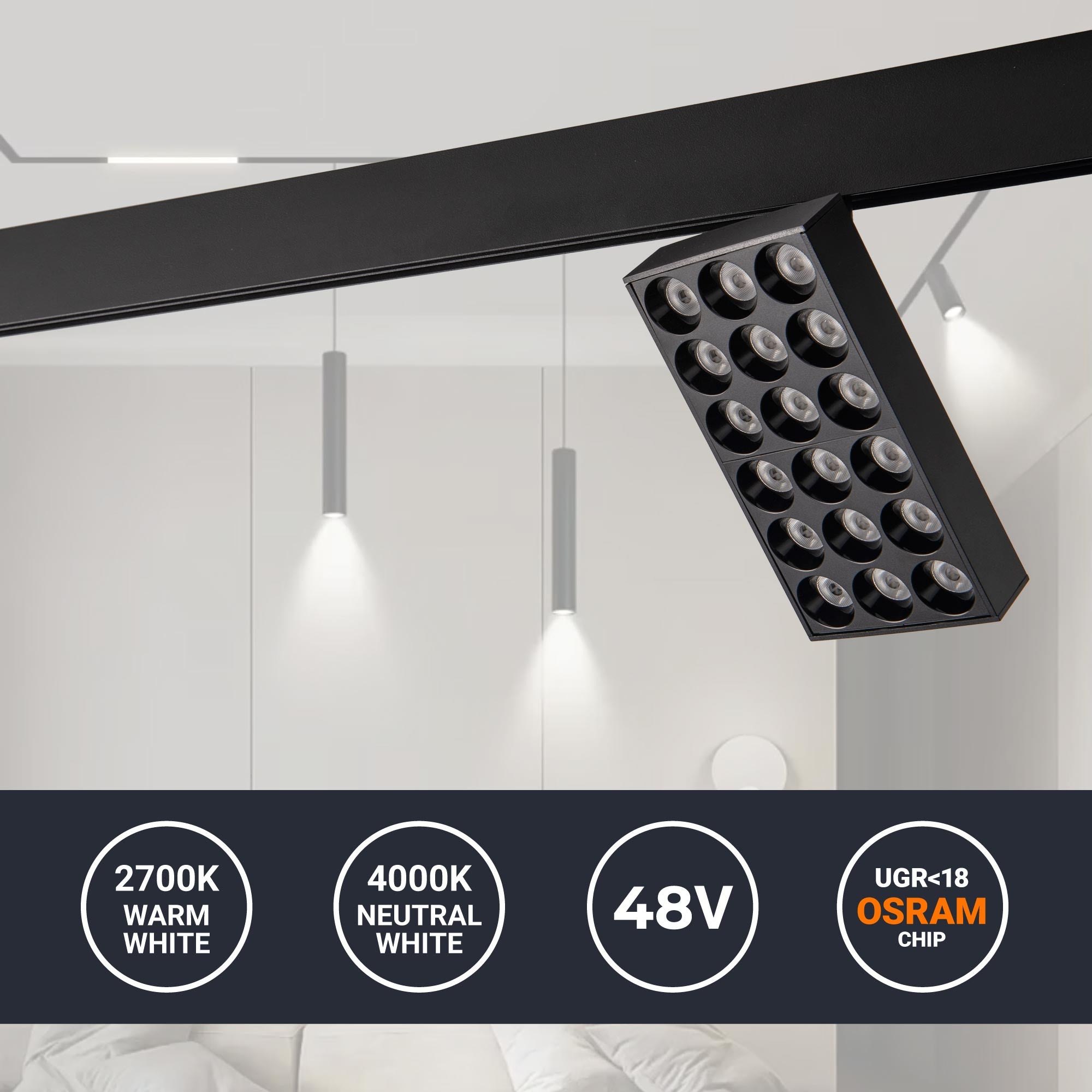 Luminaria cuadrada LED para carril magnético 48V - 18W - CRI90 - UGR18 - OSRAM