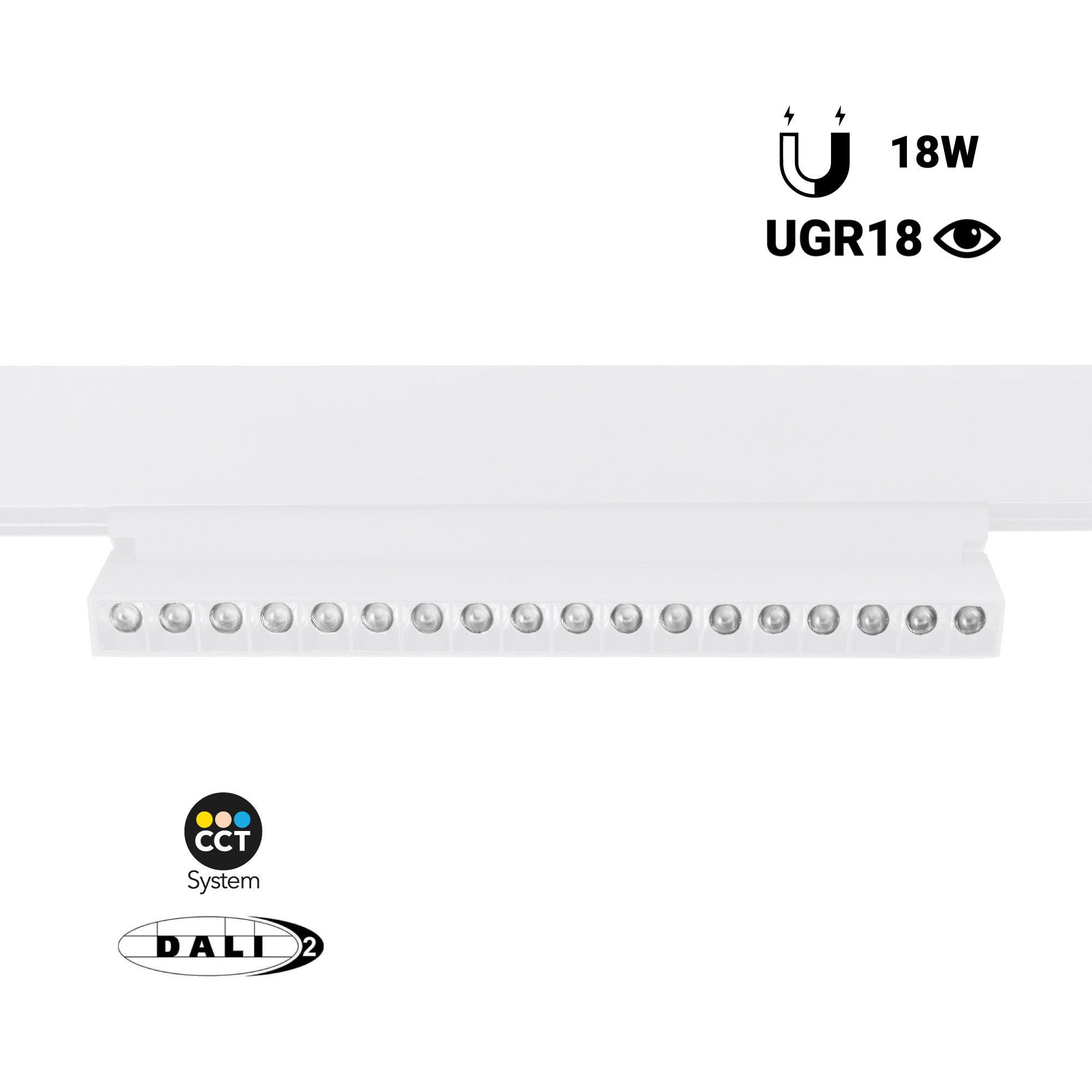 Foco lineal orientable para carril magnético 48V CCT - 18W - Regulación DALI-2 - UGR18