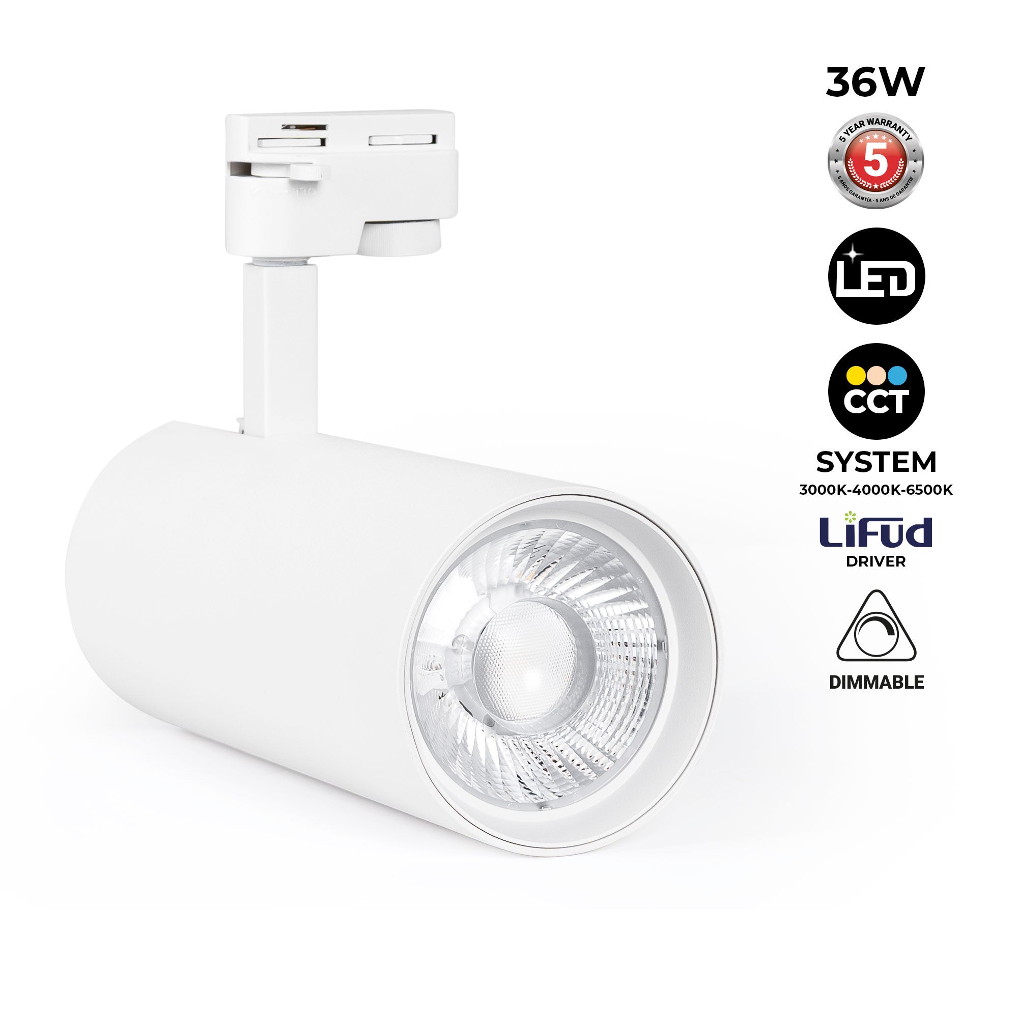 Proyector LED para carril monofásico - 36W - CCT - TRIAC regulable - CRI90