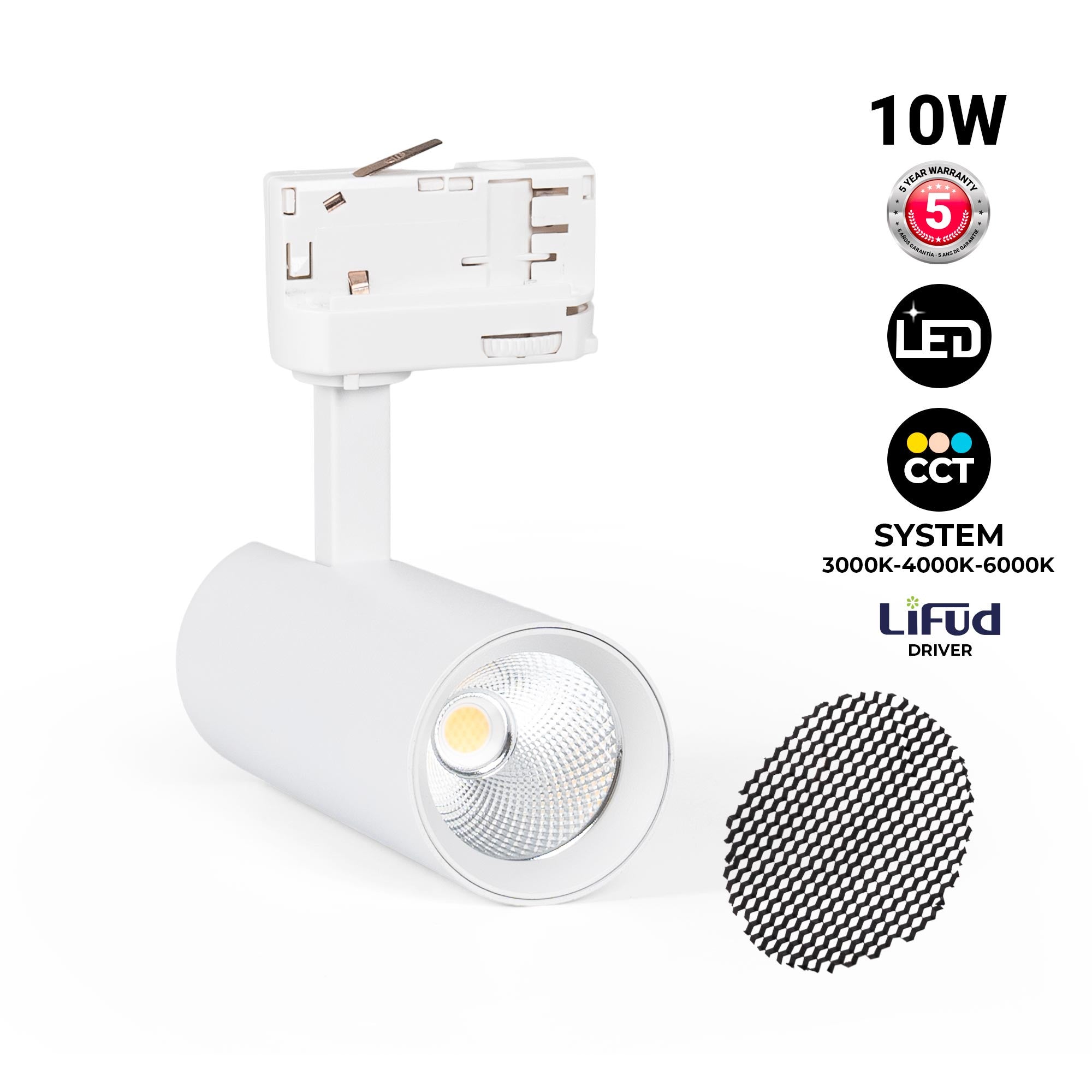 Proyector LED para carril trifásico - 10W - CCT - CRI90 - 860 lm