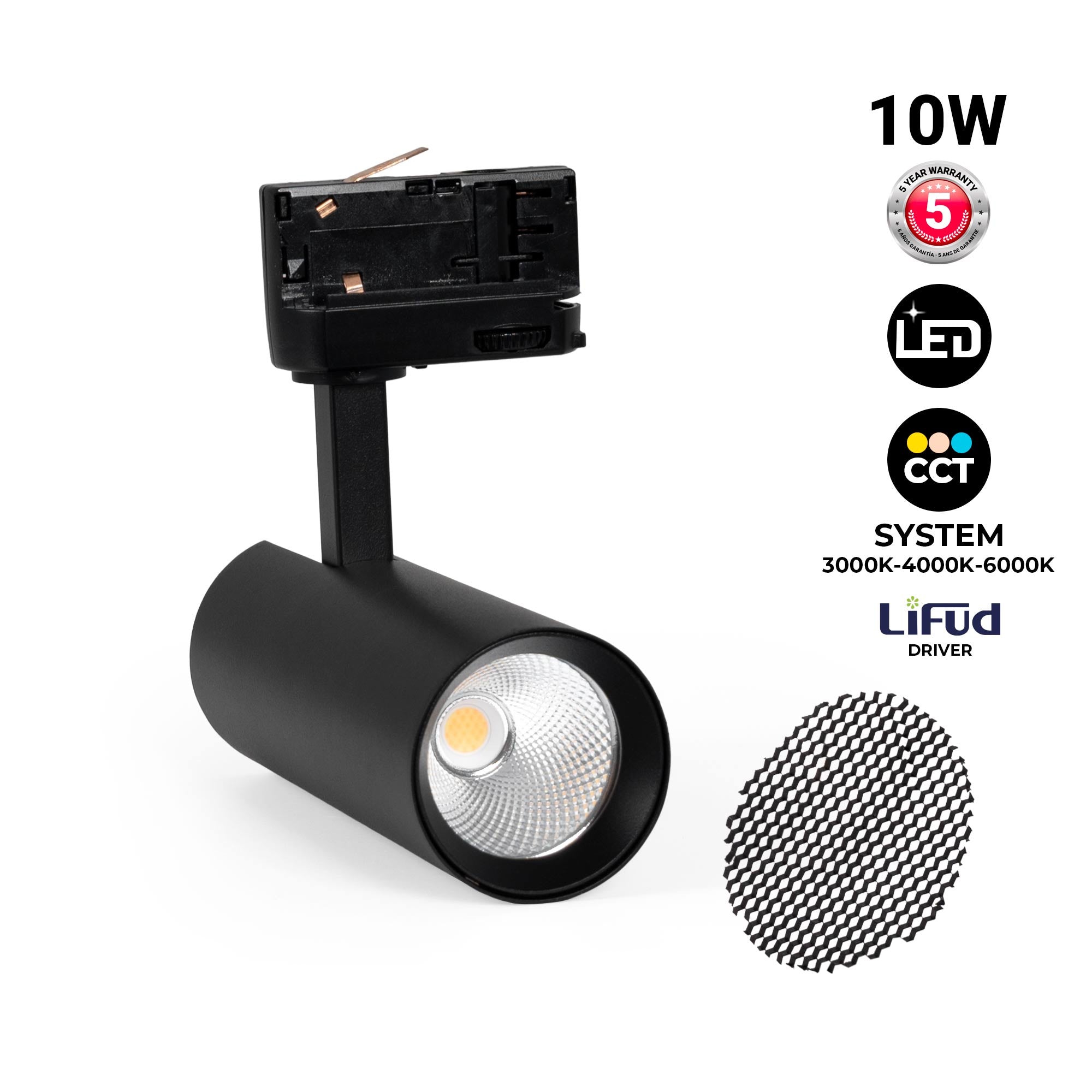 Proyector LED para carril trifásico - 10W - CCT - CRI90 - 860 lm