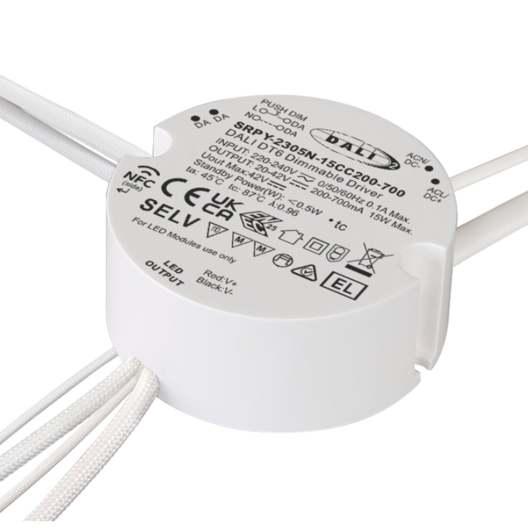 Driver regulable DALI DT6 NFC monocolor 220-240V - Salida 10-42V DC - 15W- 200-700mA