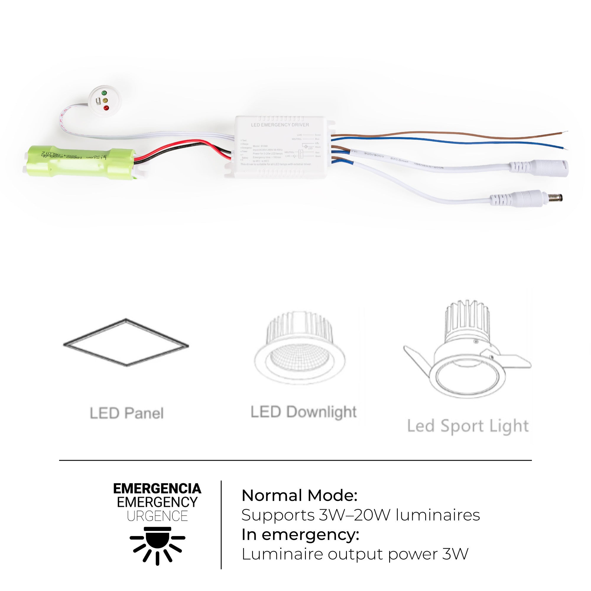 Driver LED para emergencia - Salida 3W - 3h autonomía - Luz 3/20W