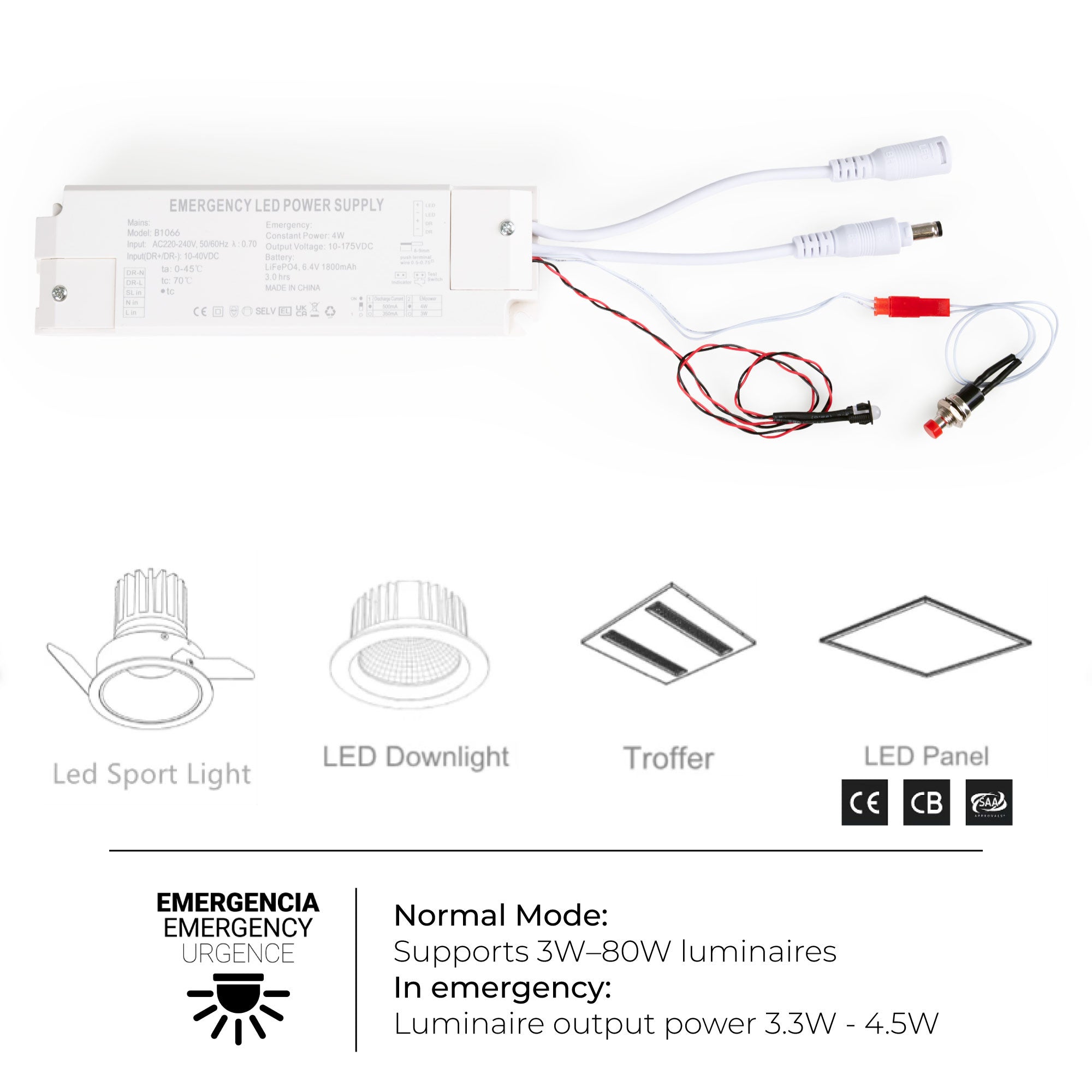 Driver LED para emergencia - Salida 3,3/4,5W - 3h autonomía - Luz 3-80W