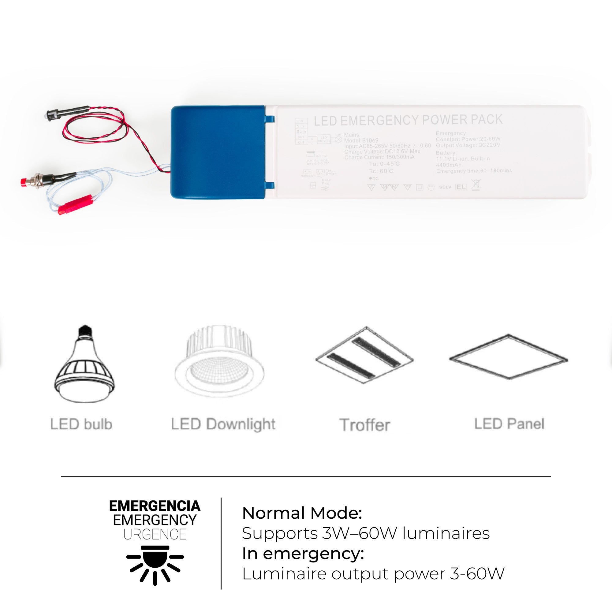 Driver LED para emergencia - Salida 3-60W - 3h autonomía - Luz 3-60W