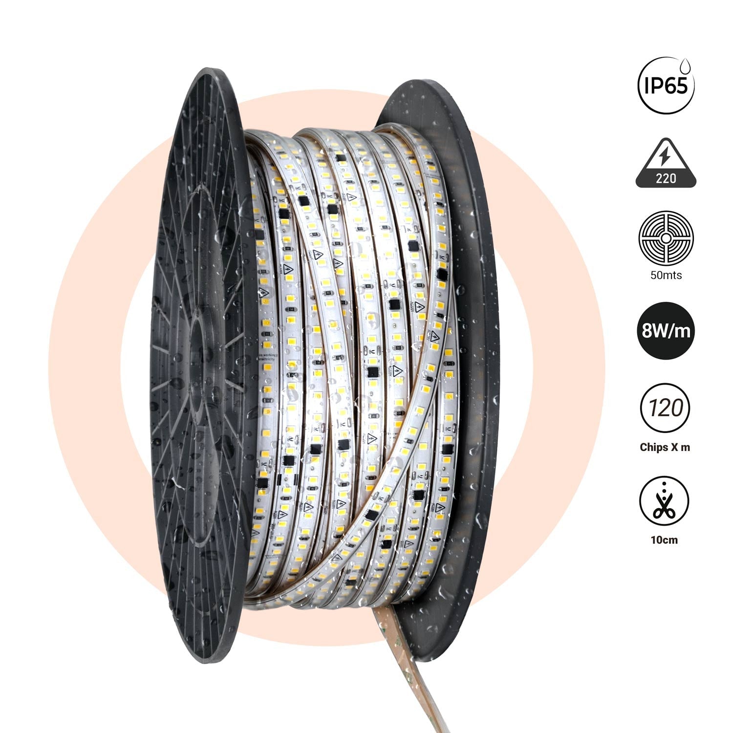 Tira LED 220V AC - Monocolor - 8W/m - 10mm - IP65 - 50 metros - 120ch/m