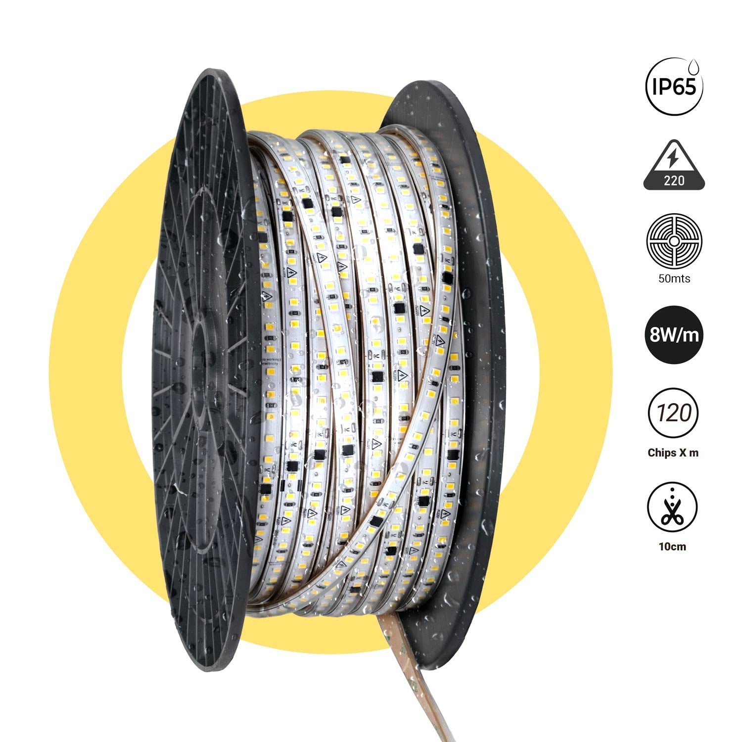 Tira LED 220V AC - Monocolor - 8W/m - 10mm - IP65 - 50 metros - 120ch/m
