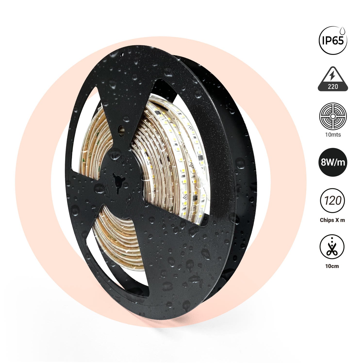 Tira LED 220V AC - Monocolor - 8W/m - 10mm - IP65 - 10 metros - 120ch/m