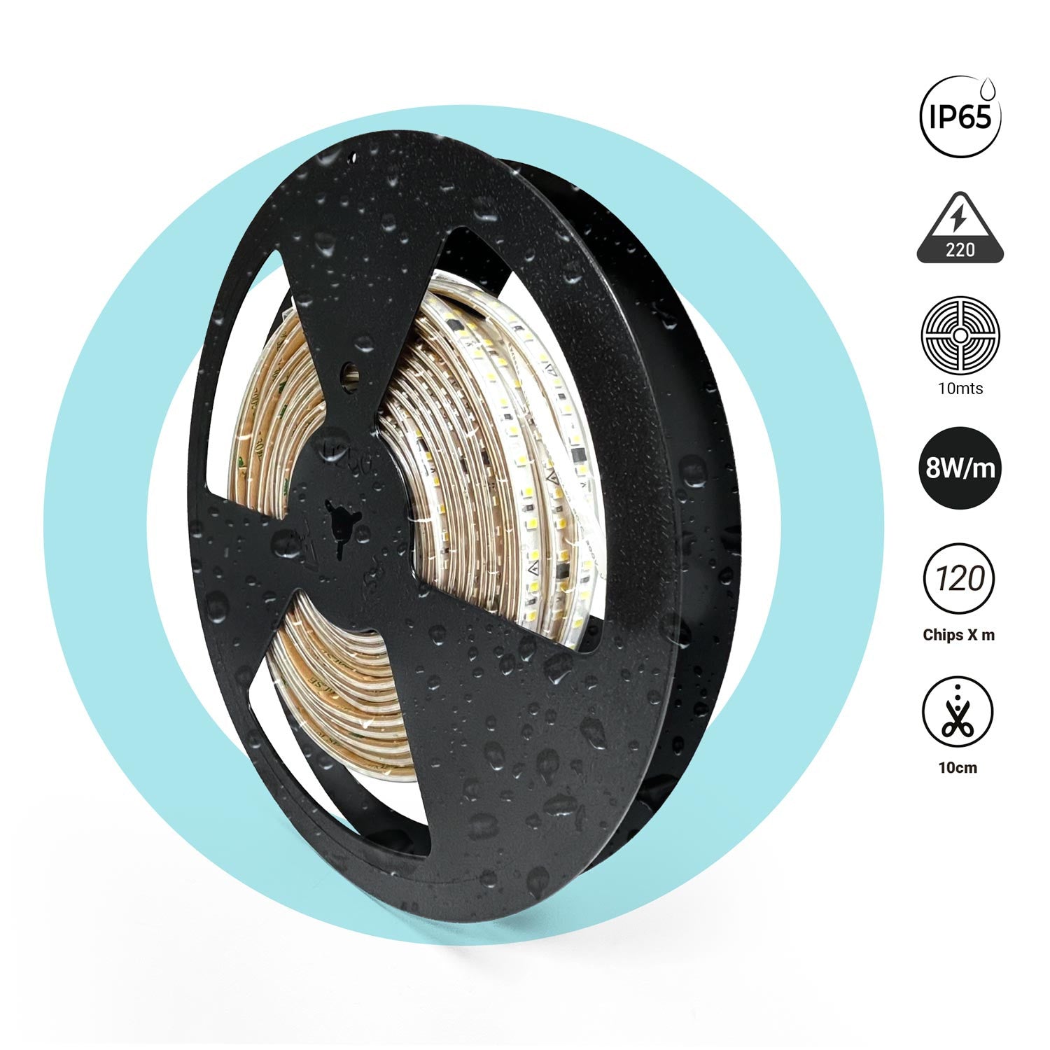 Tira LED 220V AC - Monocolor - 8W/m - 10mm - IP65 - 10 metros - 120ch/m