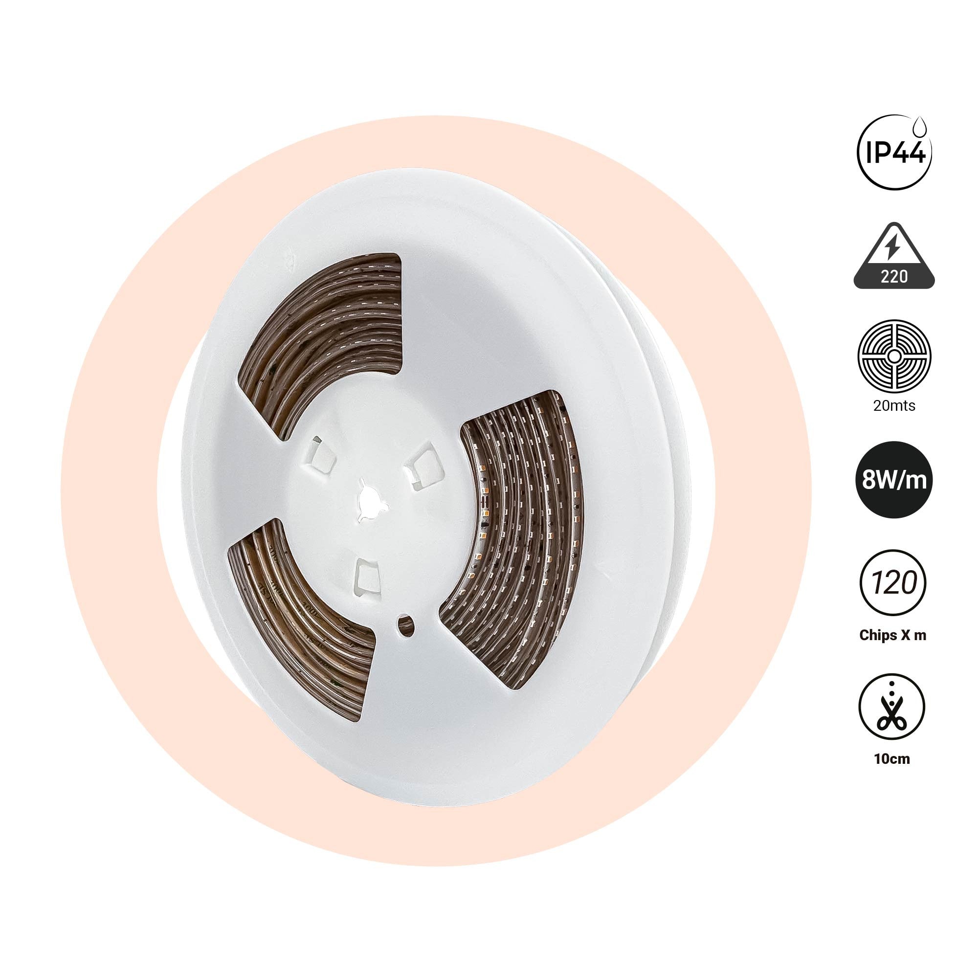 Tira LED 220V AC - Monocolor - 8W/m - 6.5mm - IP44 - 20 metros - 120ch/m