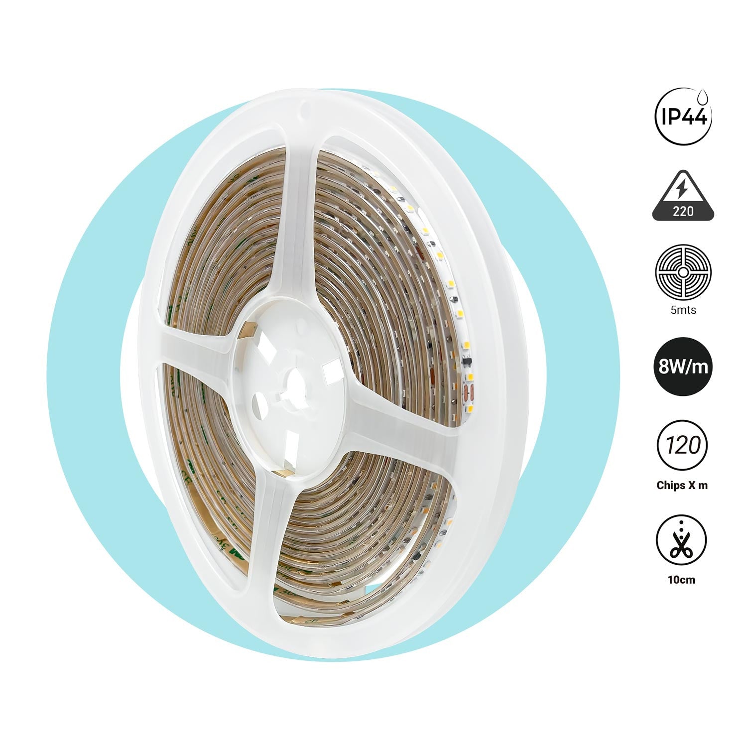 Tira LED 220V AC - Monocolor - 8W/m - 6.5mm - IP44 - 5 metros - 120ch/m