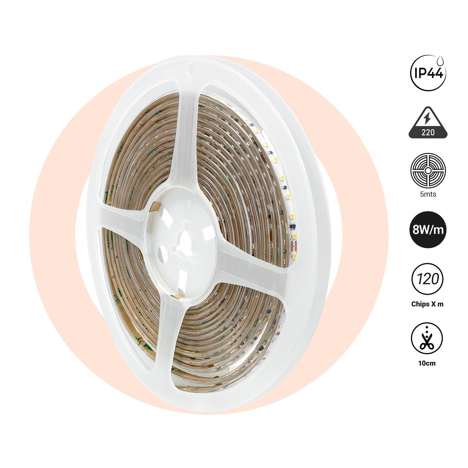 Tira LED 220V AC - Monocolor - 8W/m - 6.5mm - IP44 - 5 metros - 120ch/m