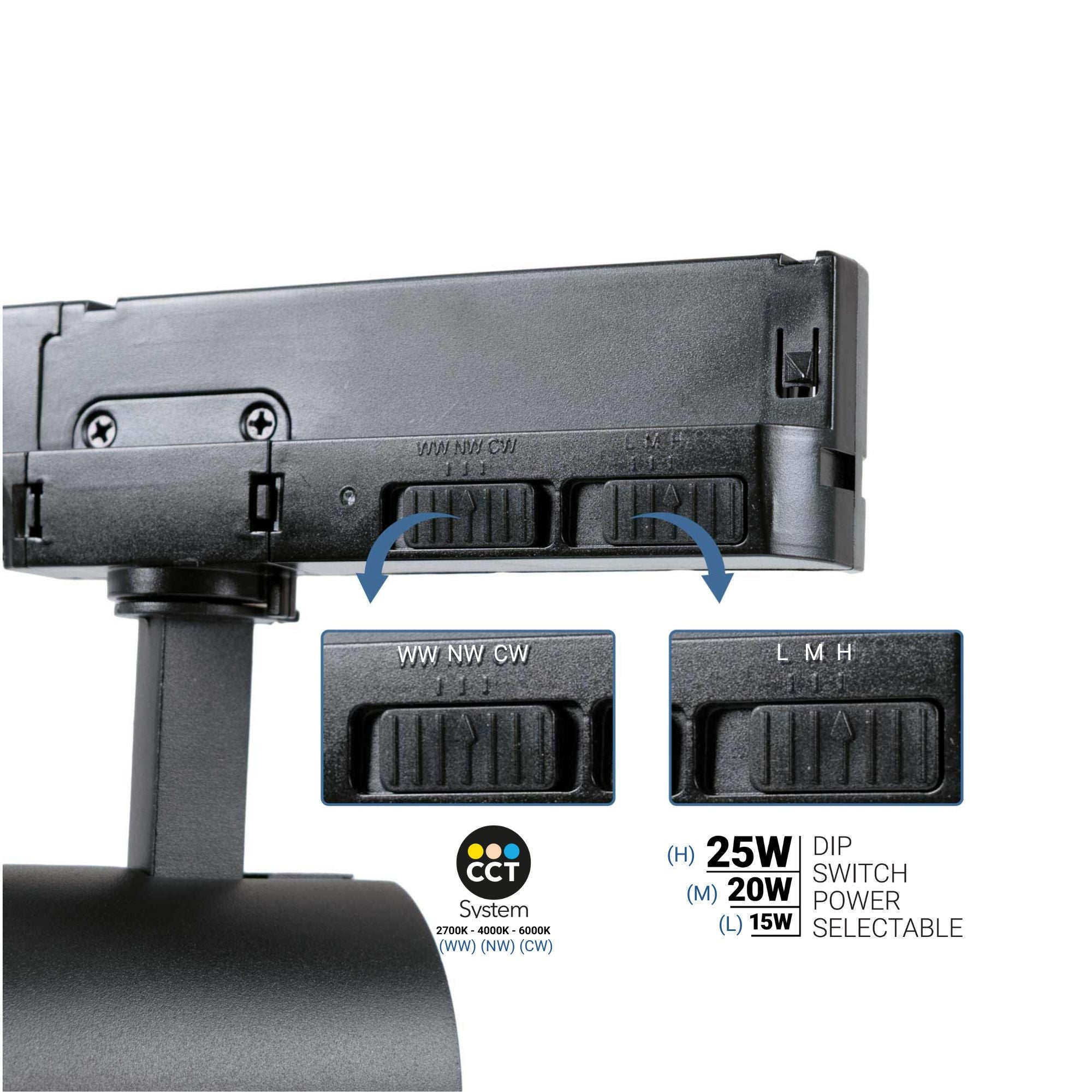 Proyector LED para carril trifásico - Potencia ajustable + ZOOM: 15W/20W/25W - CCT