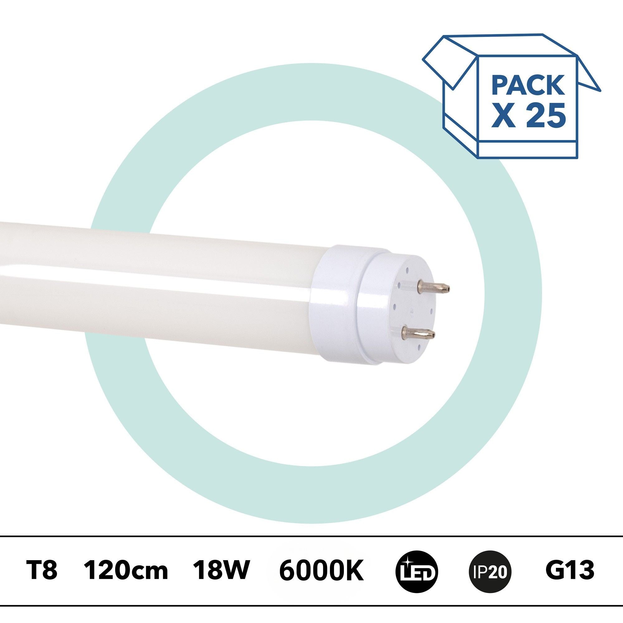 PACK x 25 - Tubo LED T8 - 18W - 120cm - 1850lm - Conexión 1 punta
