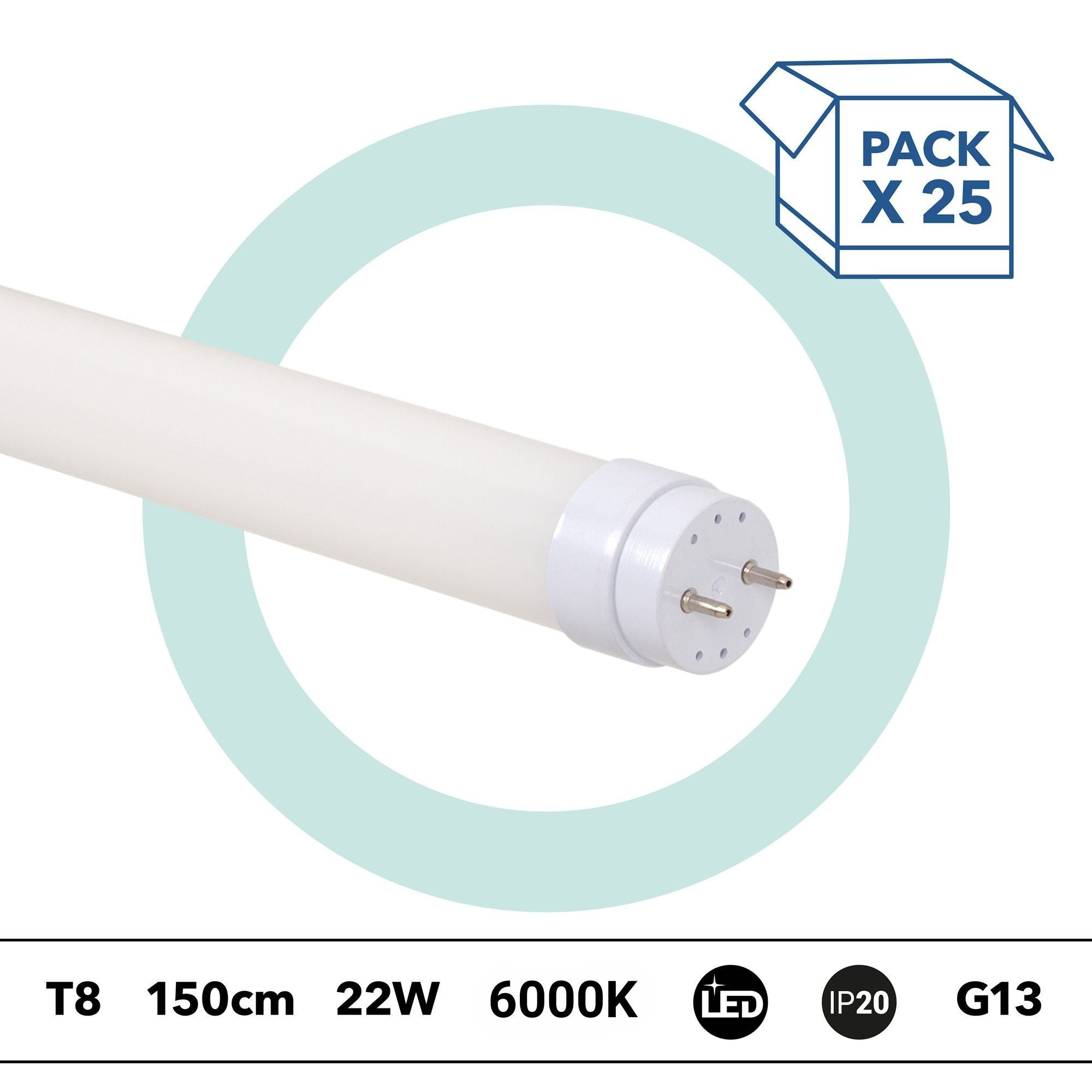 PACK x 25 - Tubo LED T8 - 22W - 150cm - 2280lm - Conexión 1 punta