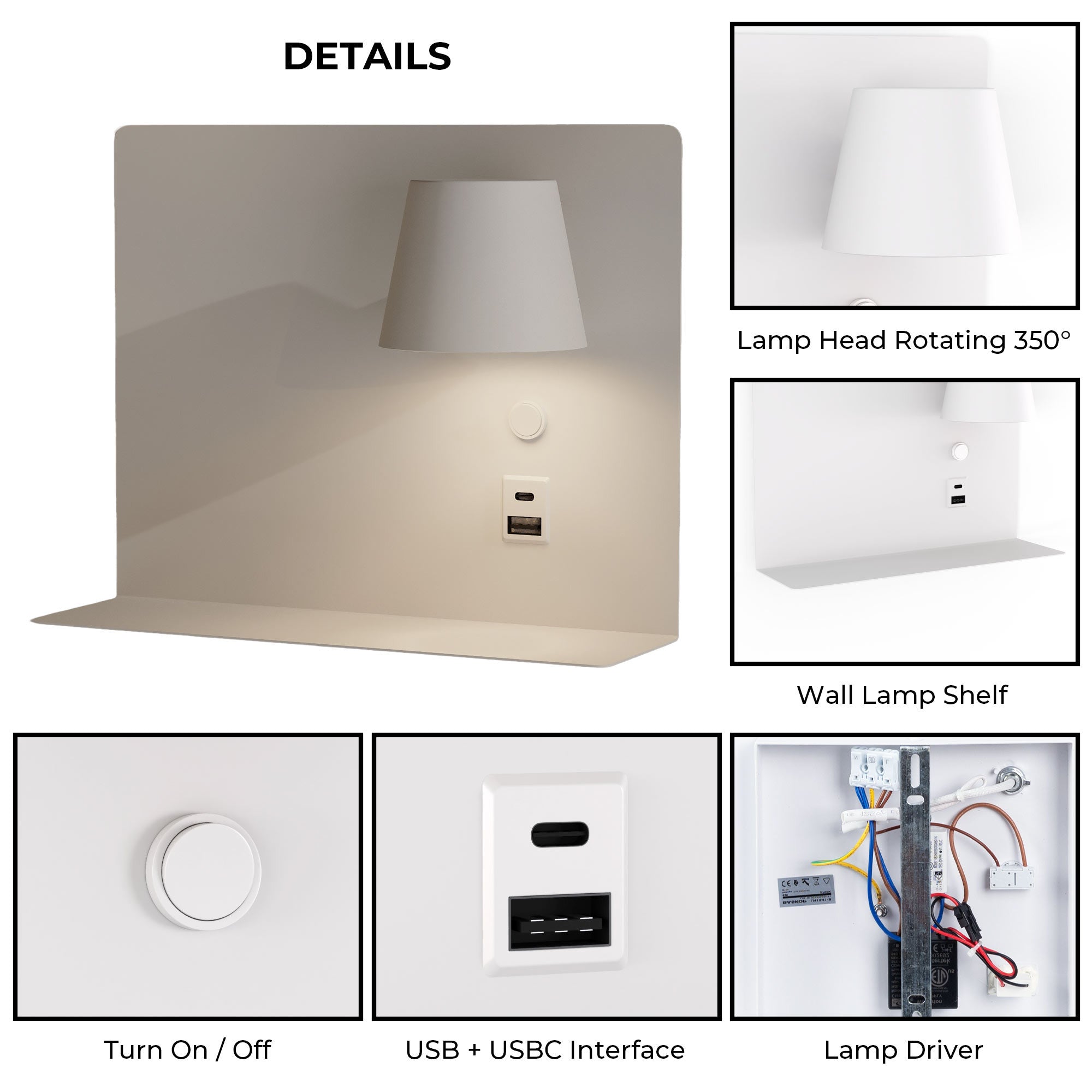 Aplique de pared para lectura con puerto USB y USBC "BASKOP" - 6W - Izquierda y Derecha
