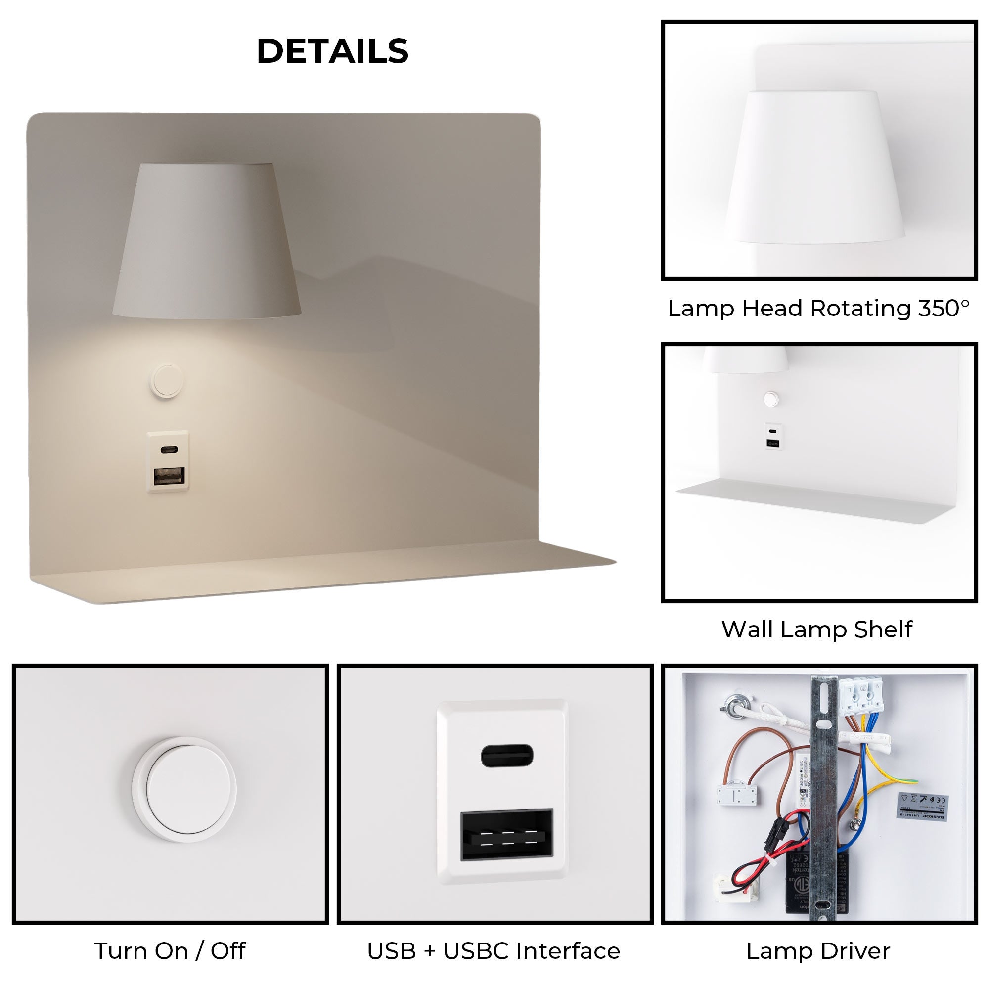 Aplique de pared para lectura con puerto USB y USBC "BASKOP" - 6W - Izquierda y Derecha