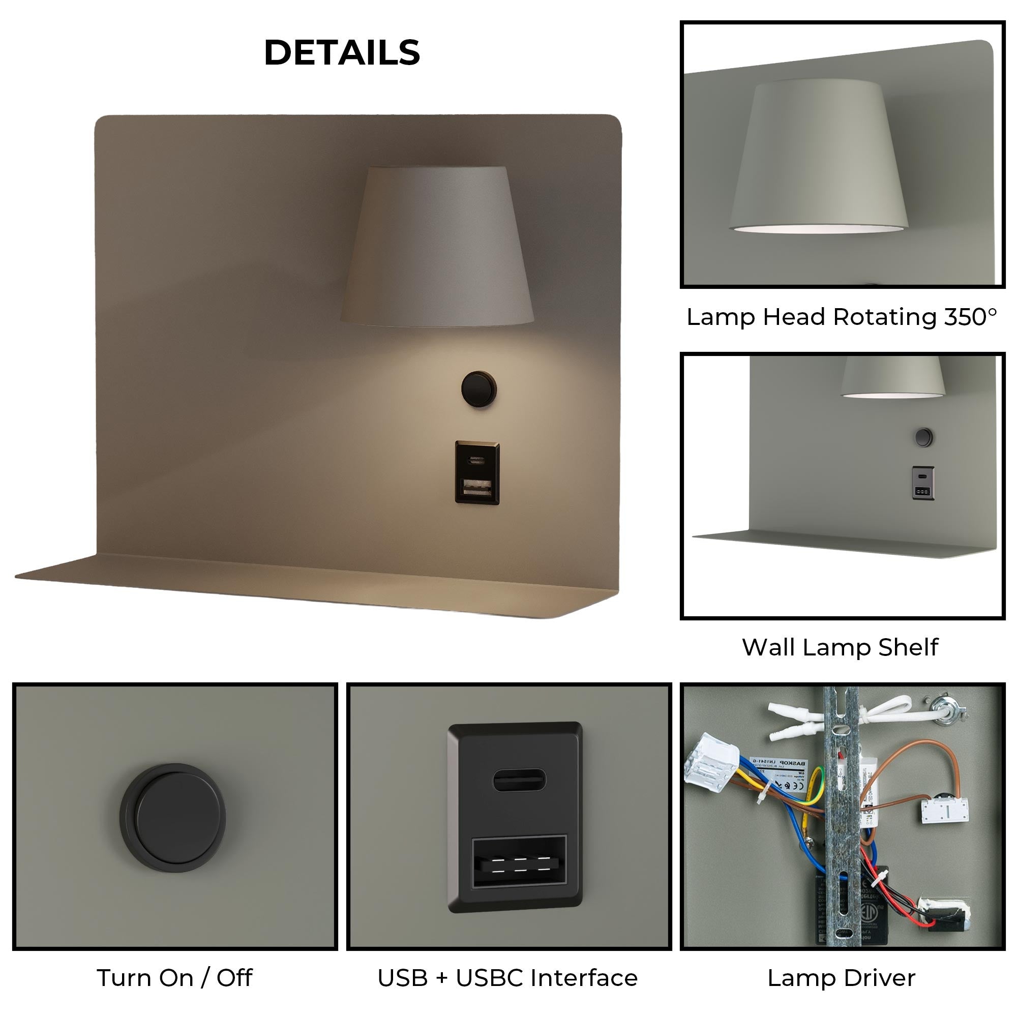Aplique de pared para lectura con puerto USB y USBC "BASKOP" - 6W - Izquierda y Derecha