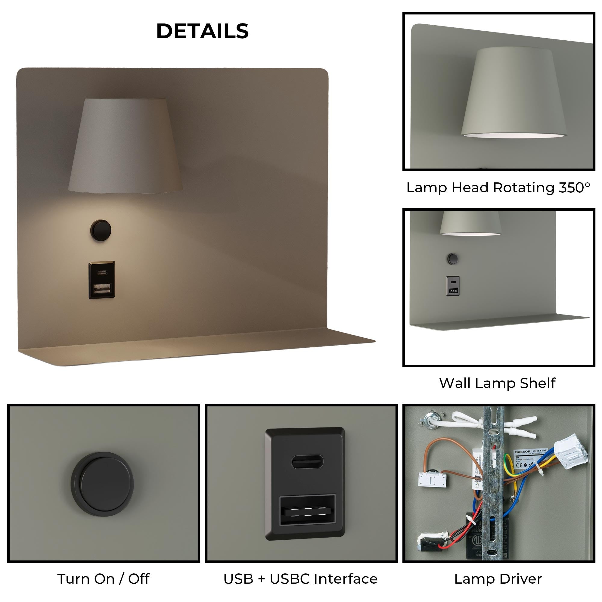Aplique de pared para lectura con puerto USB y USBC "BASKOP" - 6W - Izquierda y Derecha