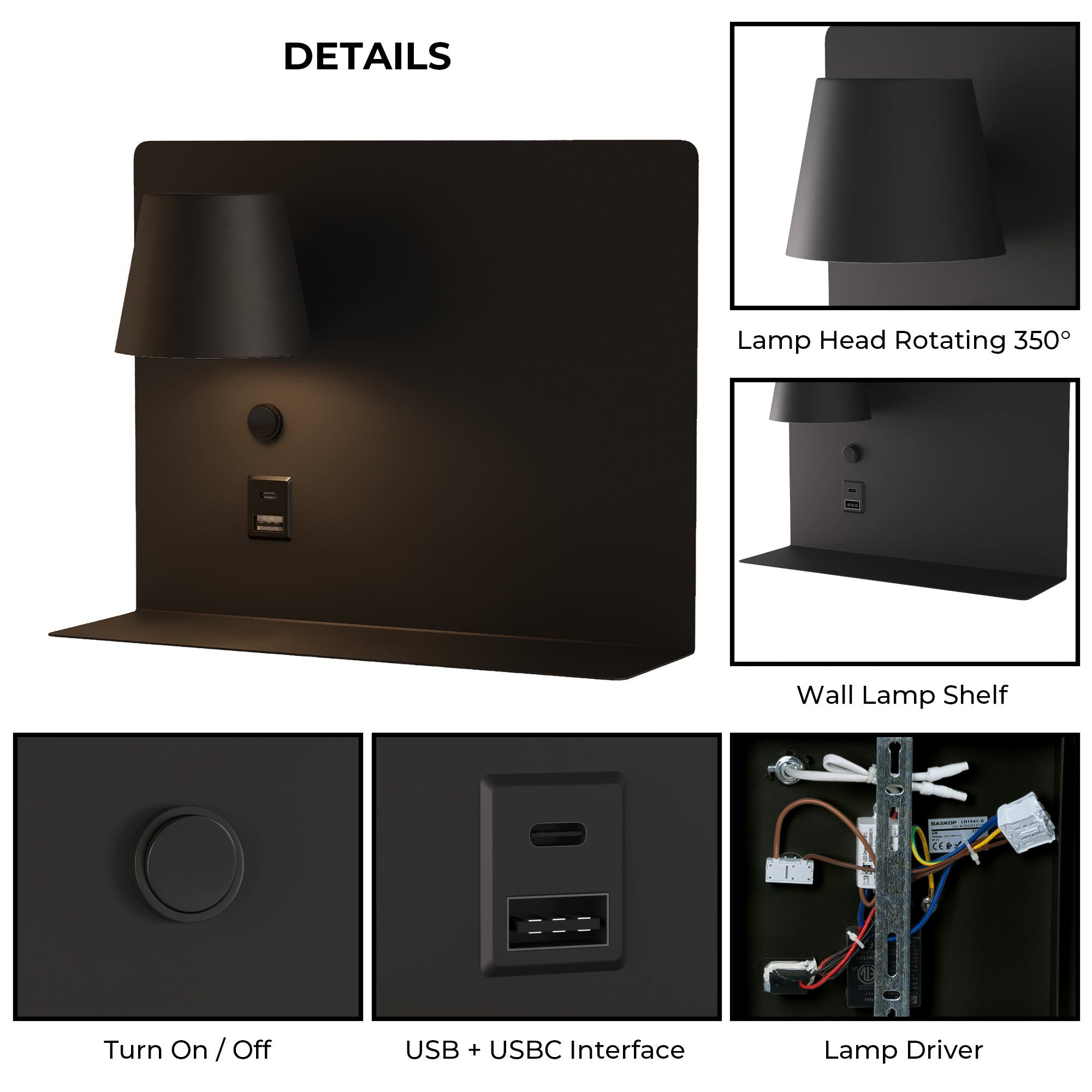 Aplique de pared para lectura con puerto USB y USBC "BASKOP" - 6W - Izquierda y Derecha