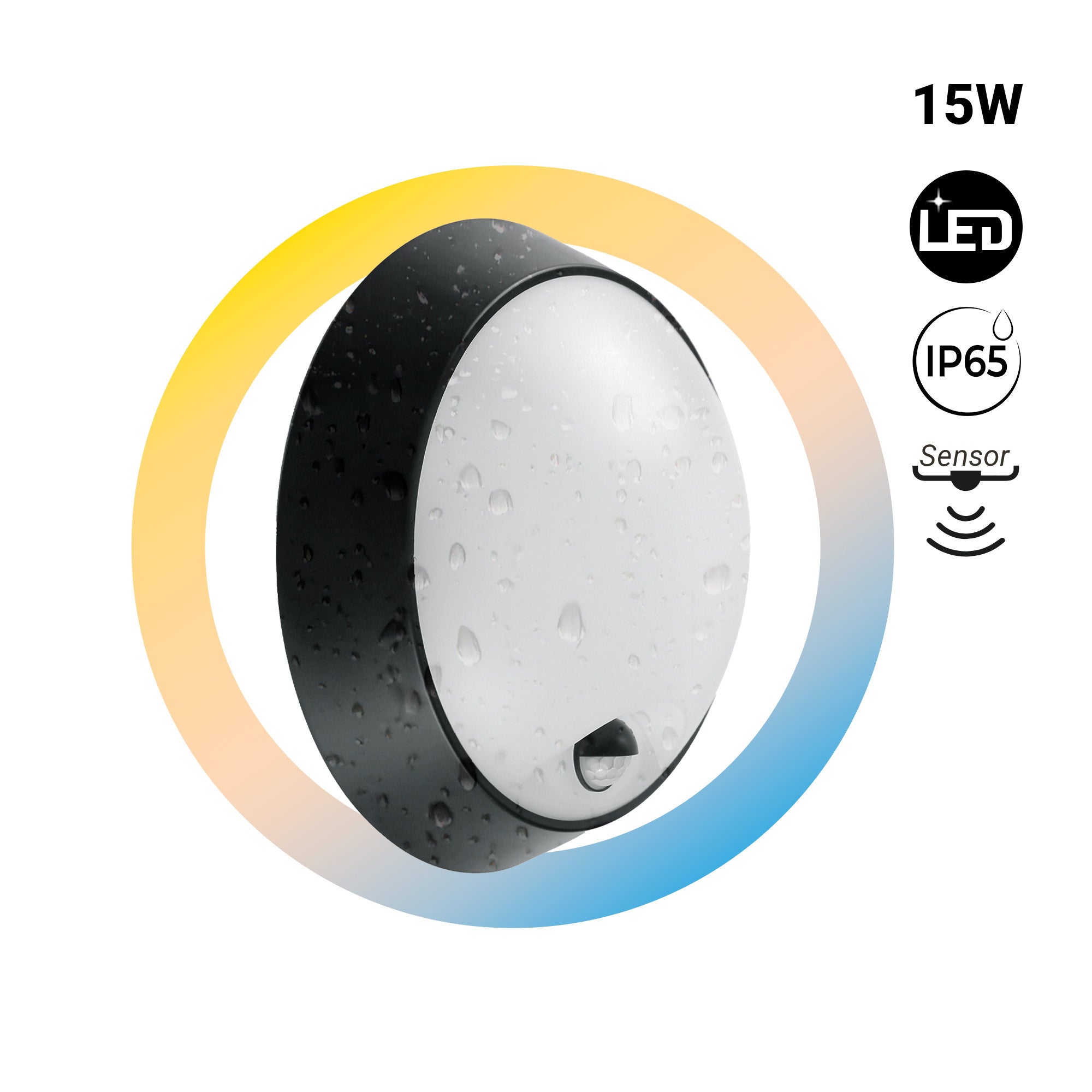Plafón LED exterior redondo con sensor PIR - 15W - CCT - IP65