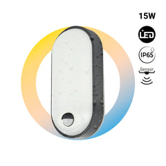 Plafón LED exterior ovalado con sensor PIR - 15W - CCT - IP65