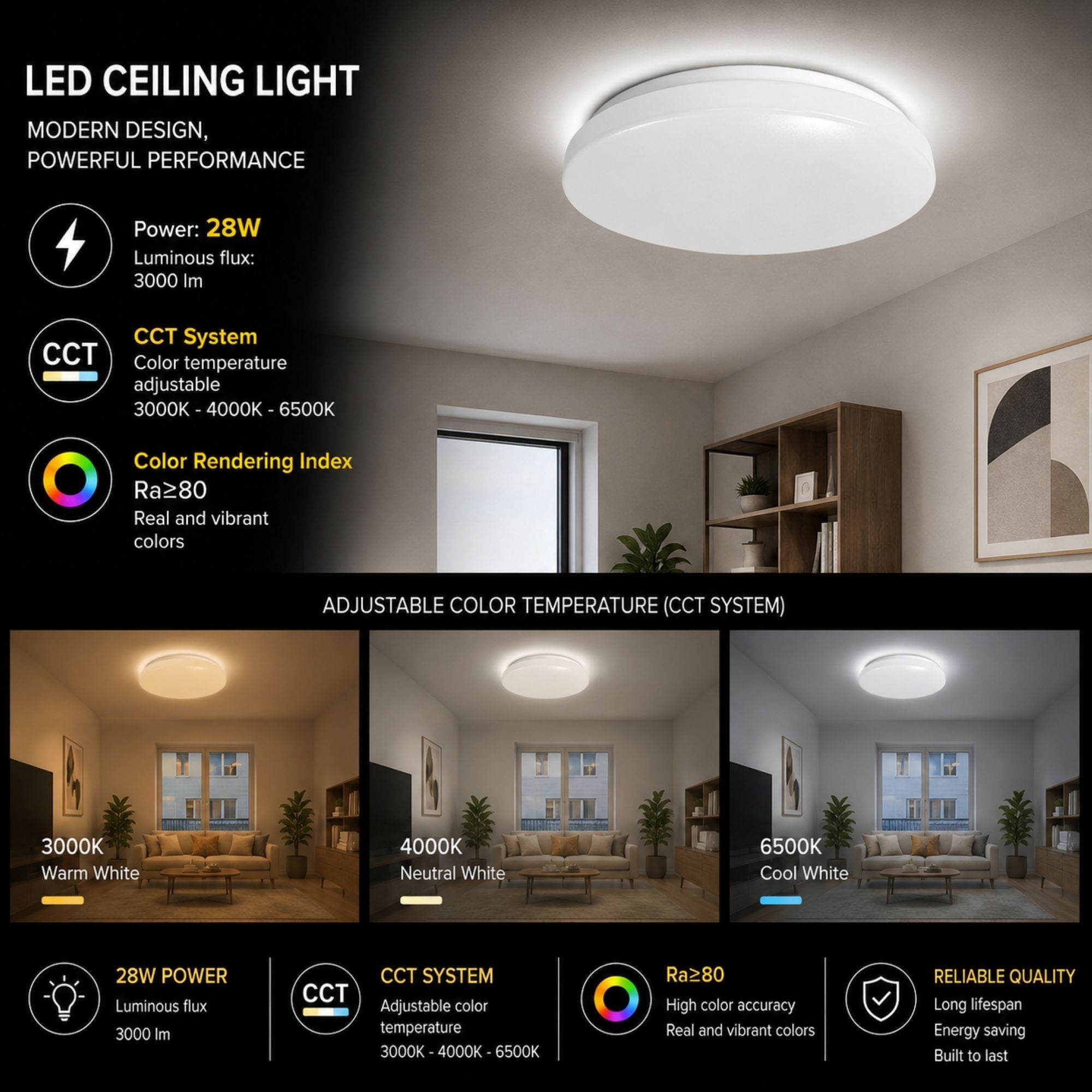 Plafón LED de techo - CCT - 28W - CRI80 - IP20