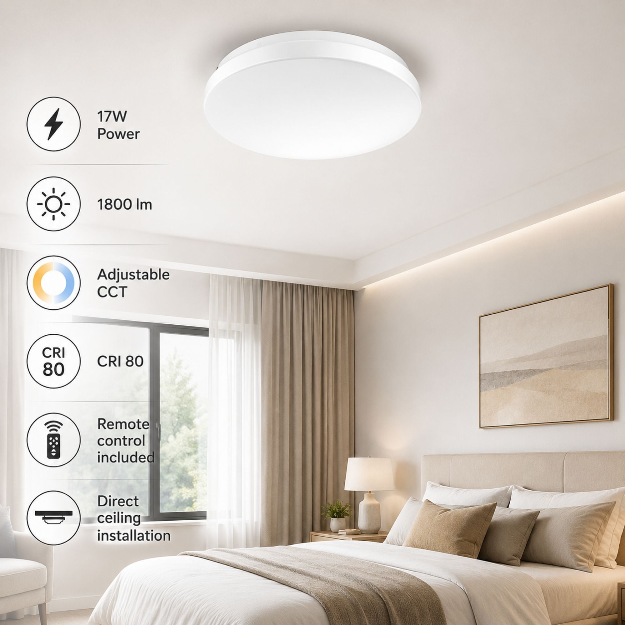 Plafón LED de techo con mando a distancia - CCT - 17W - CRI80 - IP20