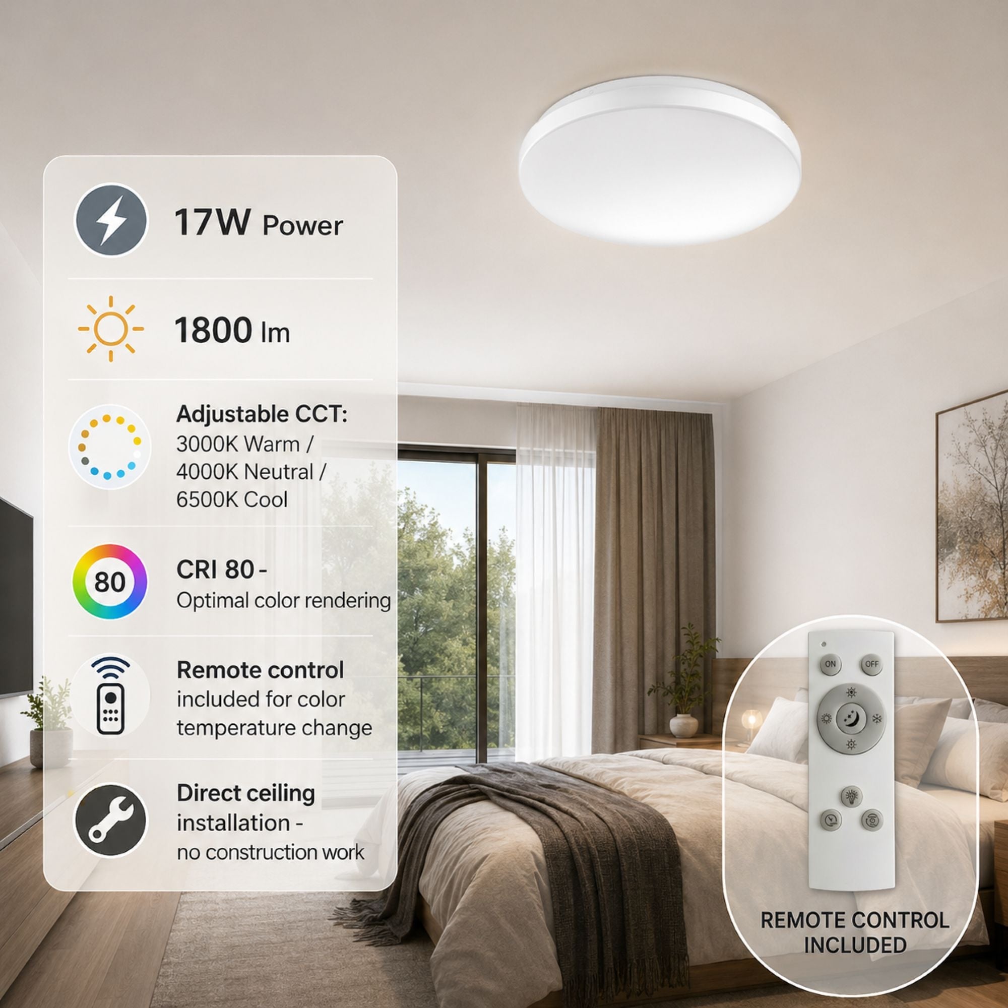 Plafón LED de techo con mando a distancia - CCT - 17W - CRI80 - IP20
