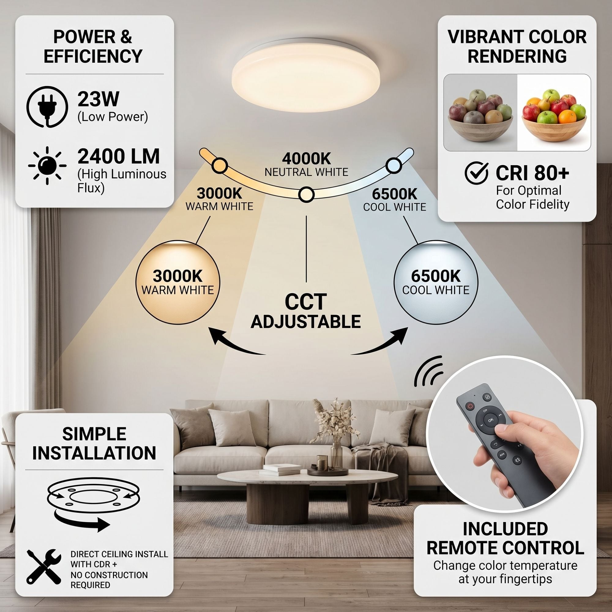 Plafón LED de techo con mando a distancia - CCT - 23W - CRI80 - IP20