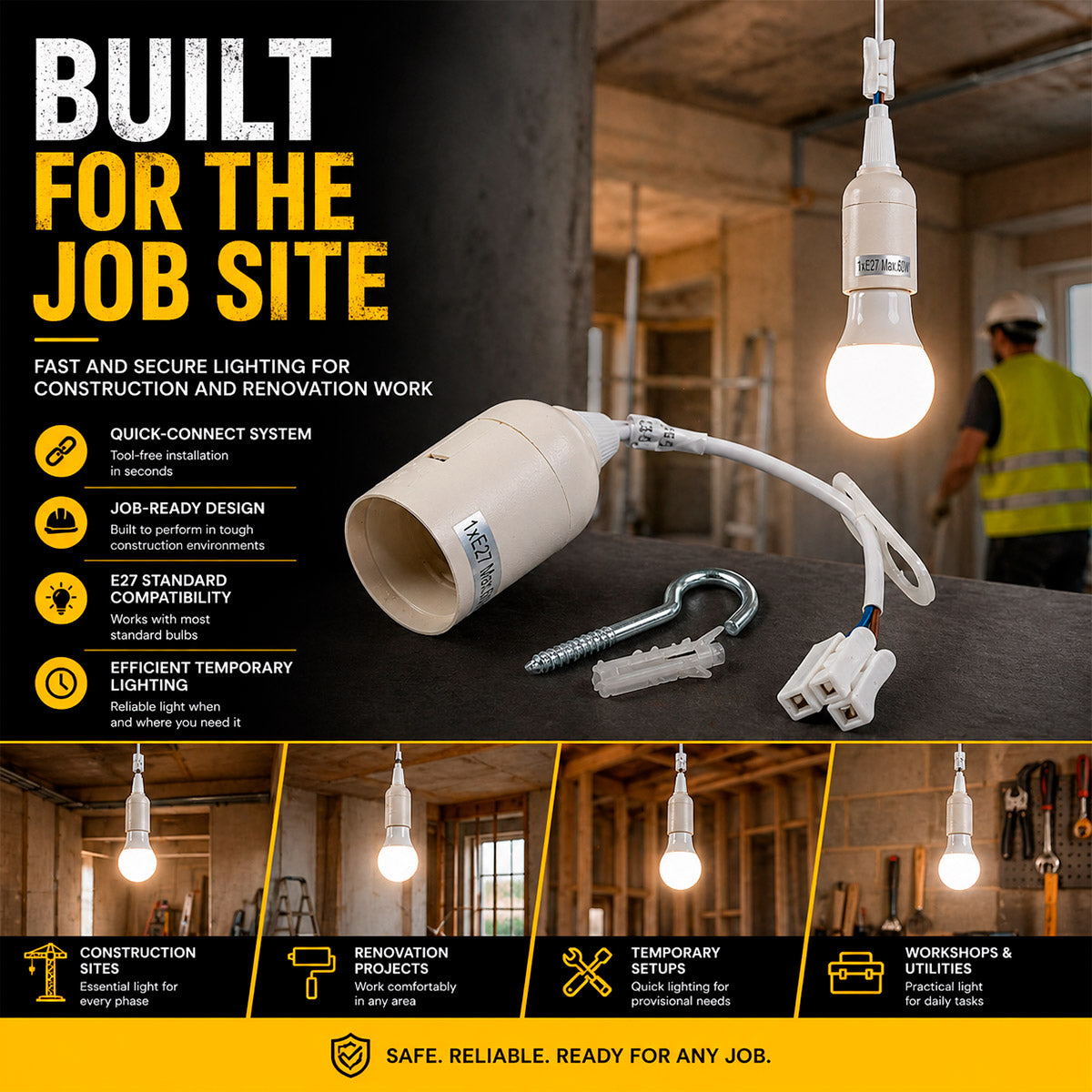 Casquillo E27 con conector rápido - Ideal para obras