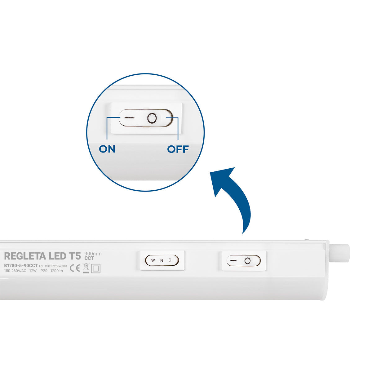 Regleta LED bajo mueble T5 12W CCT 90 cm | Luz blanca ajustable + interruptor