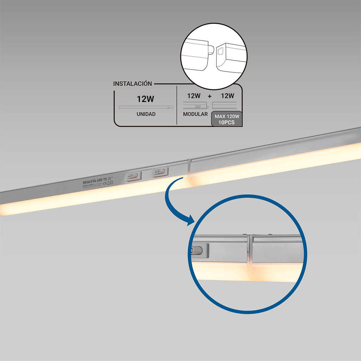 Regleta LED bajo mueble T5 12W CCT 90 cm | Luz blanca ajustable + interruptor