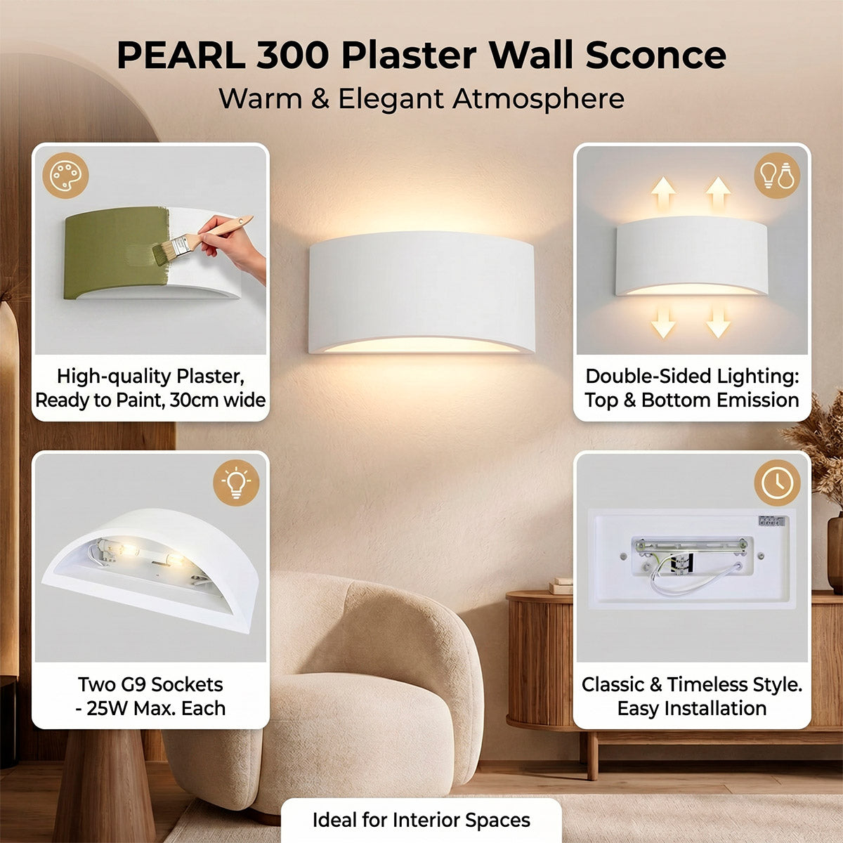 Aplique de pared de escayola "PEARL 300" - Doble cara - G9