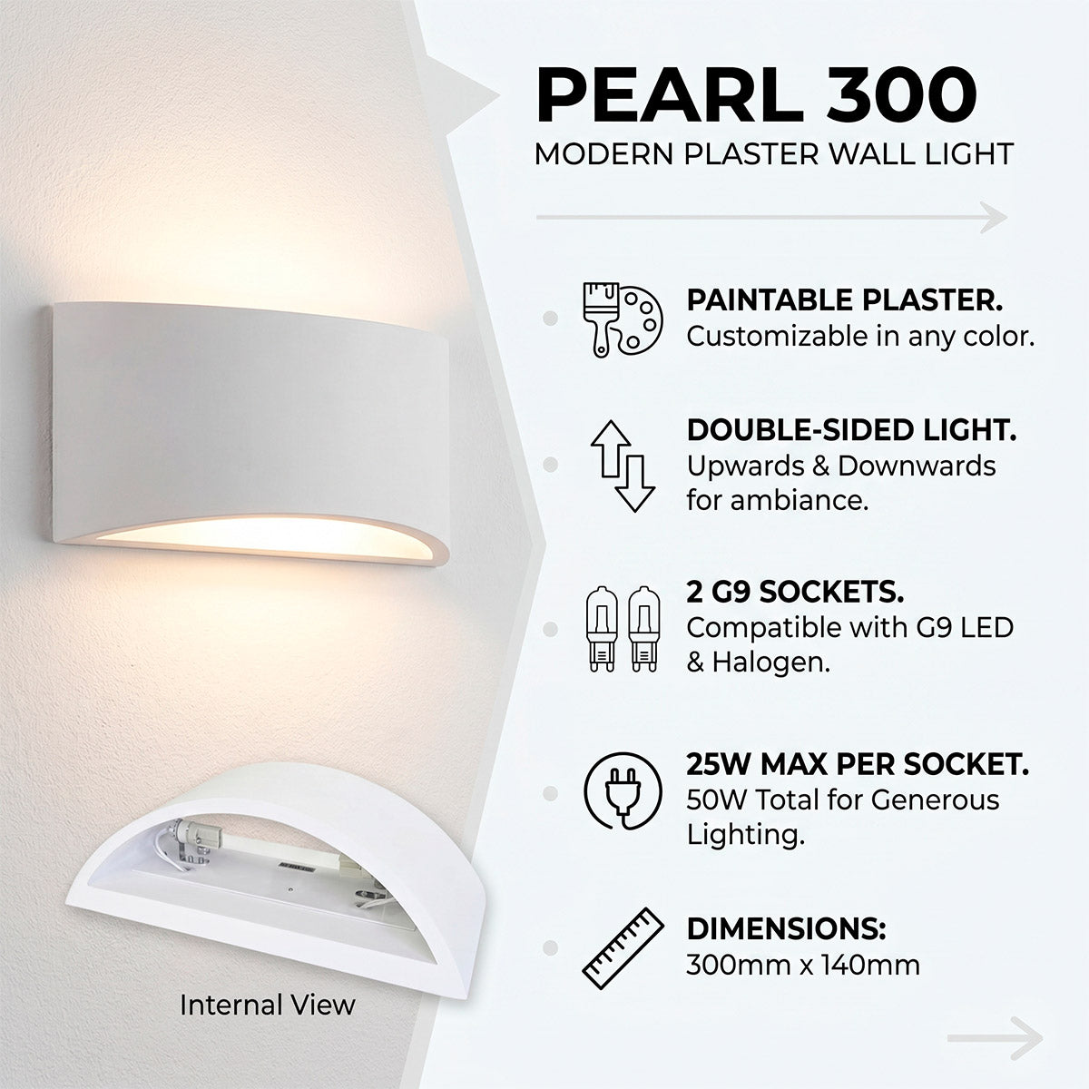 Aplique de pared de escayola "PEARL 300" - Doble cara - G9