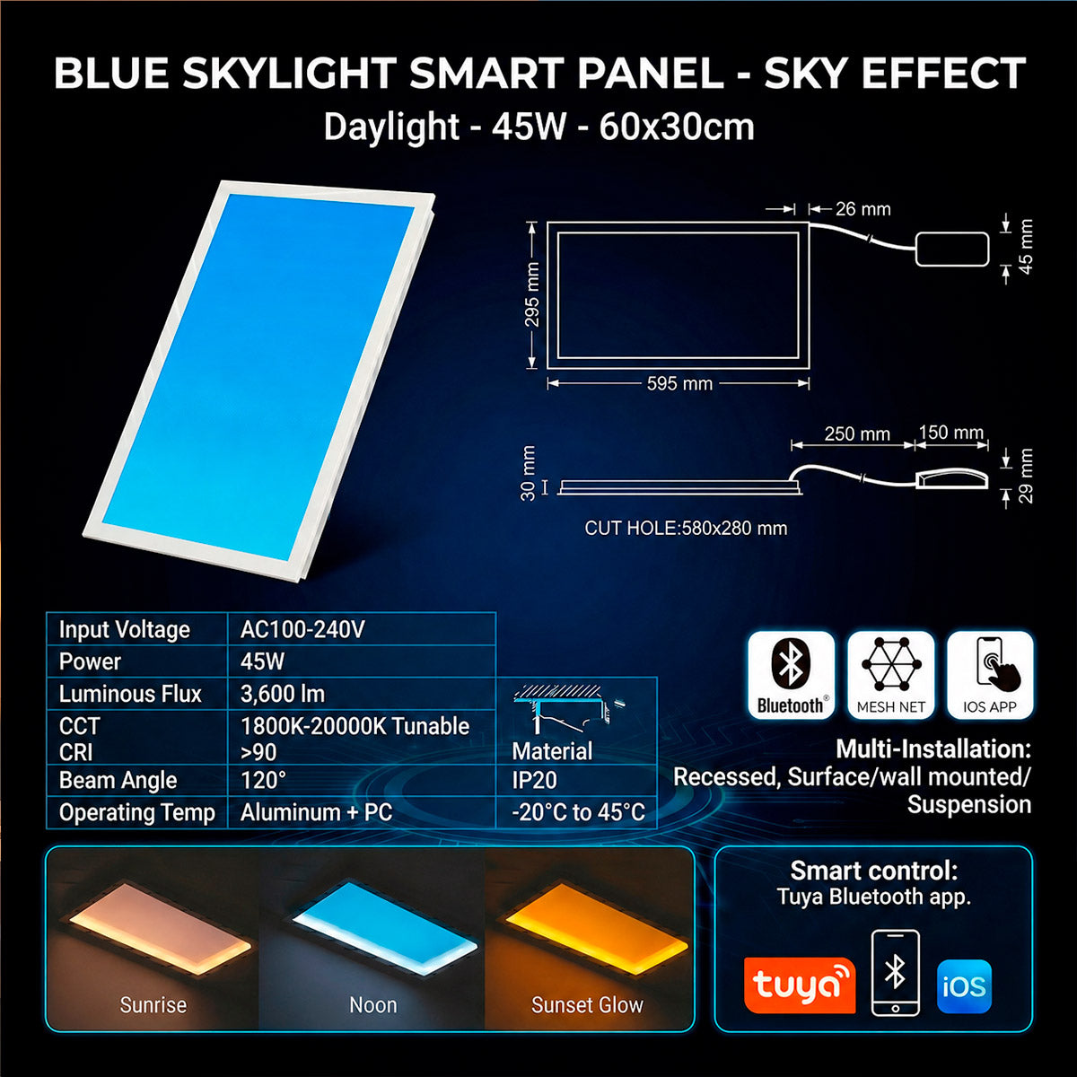 Panel Blue Skylight efecto cielo "SKYWIN SR SMART" - Slim - CCT - 45W - 60x30cm