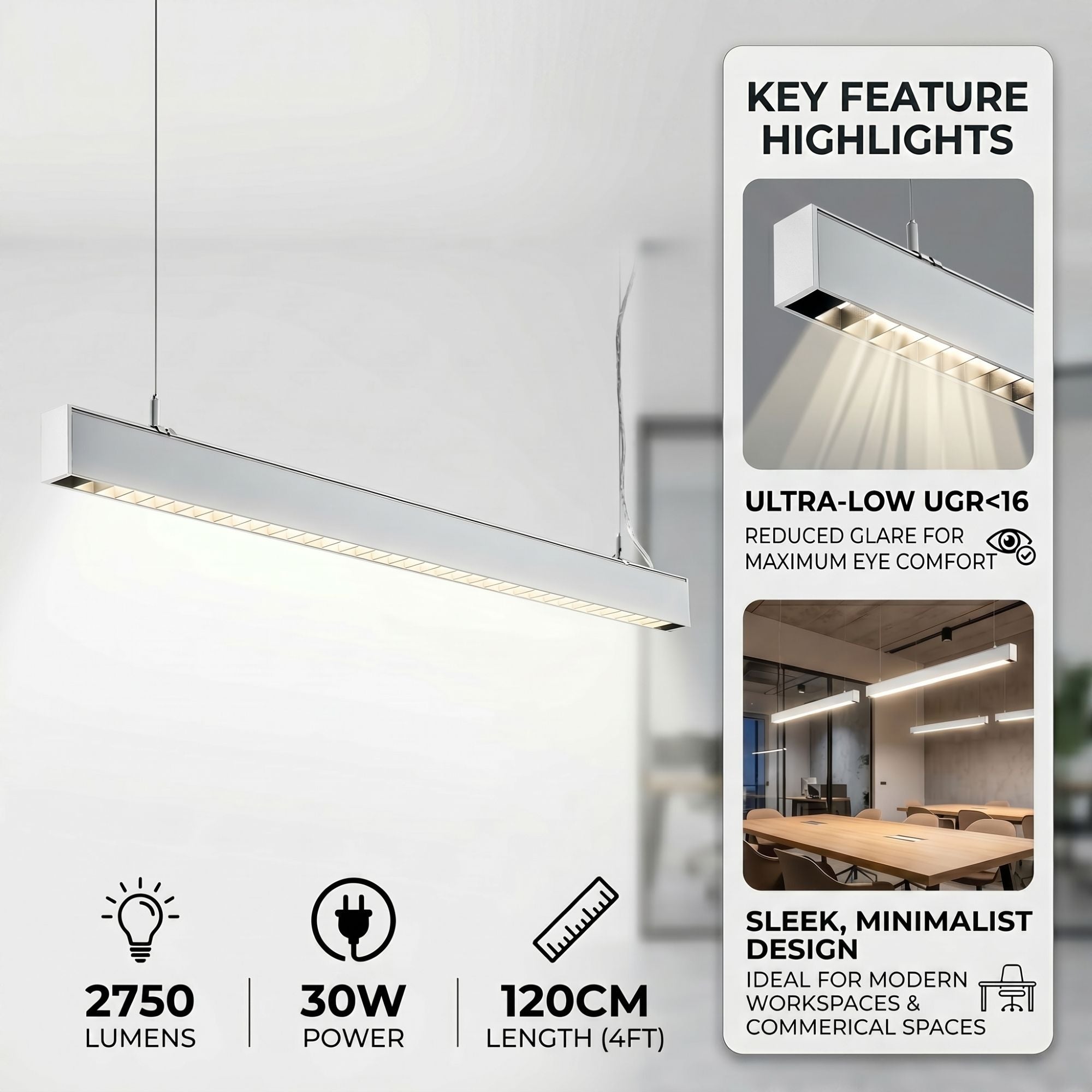 Luminaria  colgante lineal LED 30W 120cm 2750lm de bajo UGR16