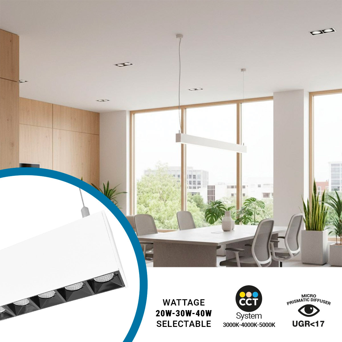 Luminaria lineal LED CCT - Suspensión/superficie - Potencia ajustable 20W/30W/40W - 120cm - UGR 17