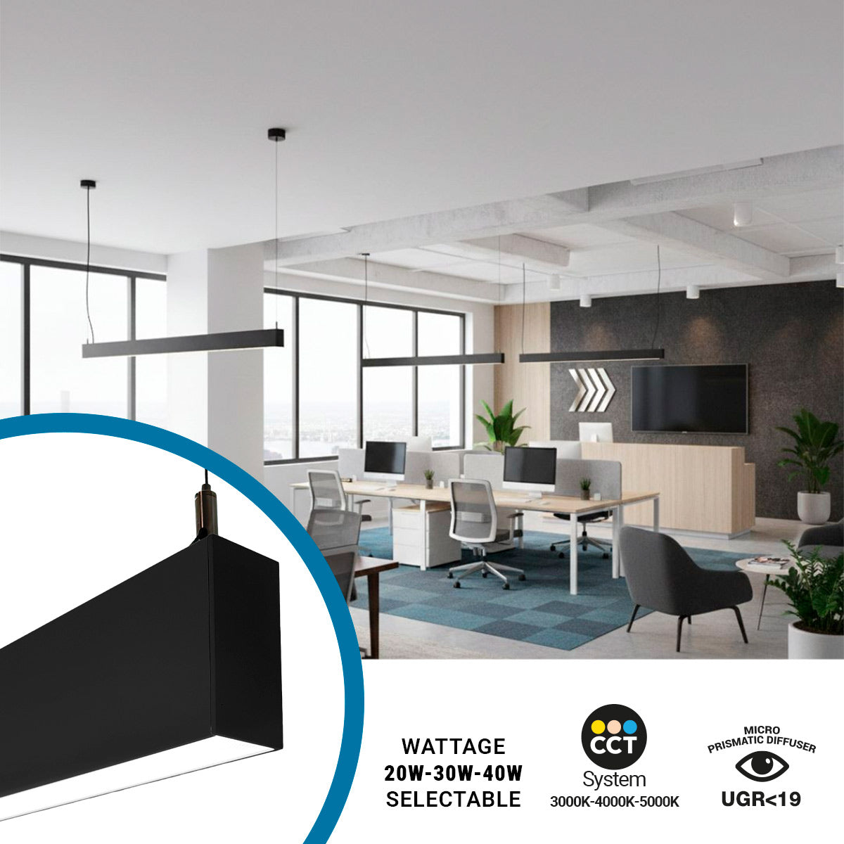 Luminaria lineal LED CCT - Bidireccional - Suspensión - Potencia ajustable 20W/30W/40W - 120cm - UGR 19