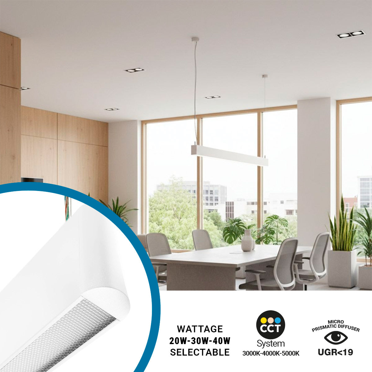 Luminaria lineal LED CCT - Suspensión - Potencia ajustable 20W/30W/40W - 120cm - UGR 19