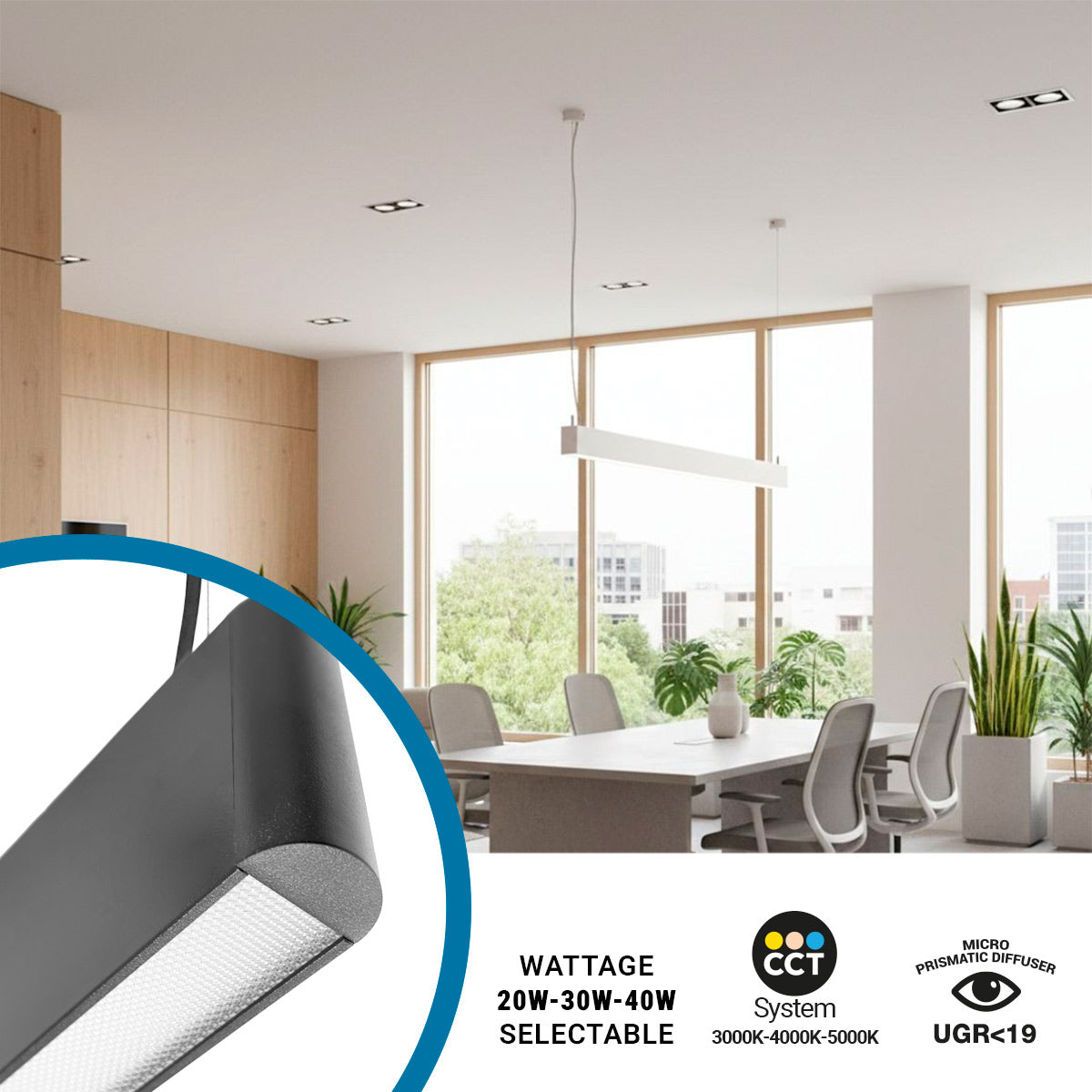Luminaria lineal LED CCT - Suspensión - Potencia ajustable 20W/30W/40W - 120cm - UGR 19